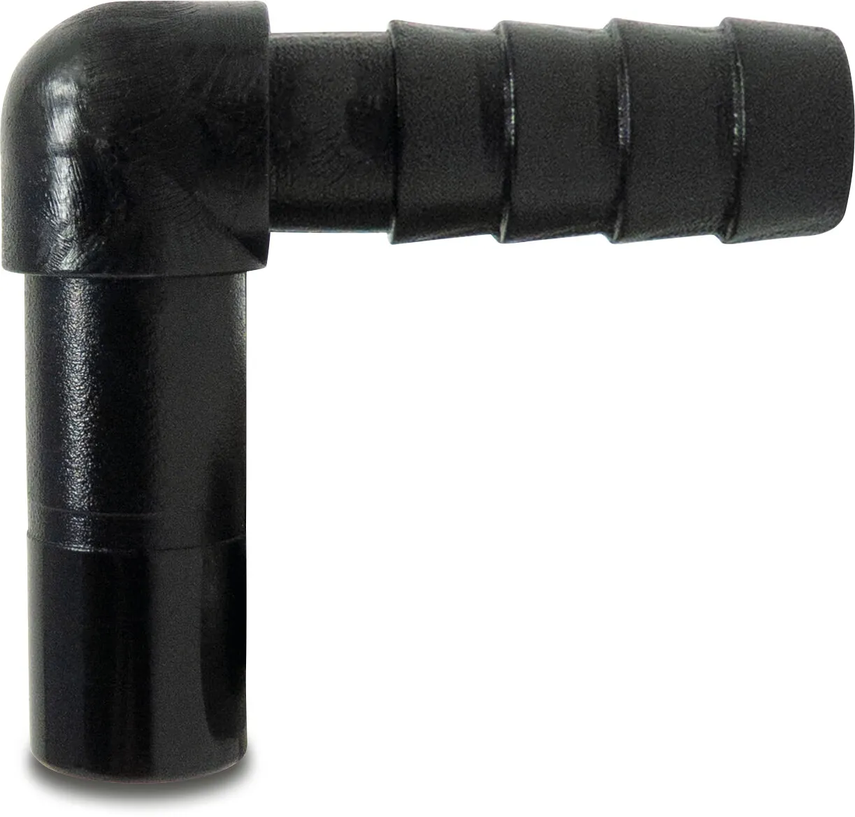 Adaptor elbow 90° POM 10 mm x 8 mm spigot x barbed 16bar black WRAS type Aquaspeed