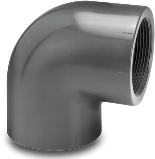 VDL Adaptor elbow 90° PVC-U 50 mm x 1 1/2" glue socket x female thread 10bar grey