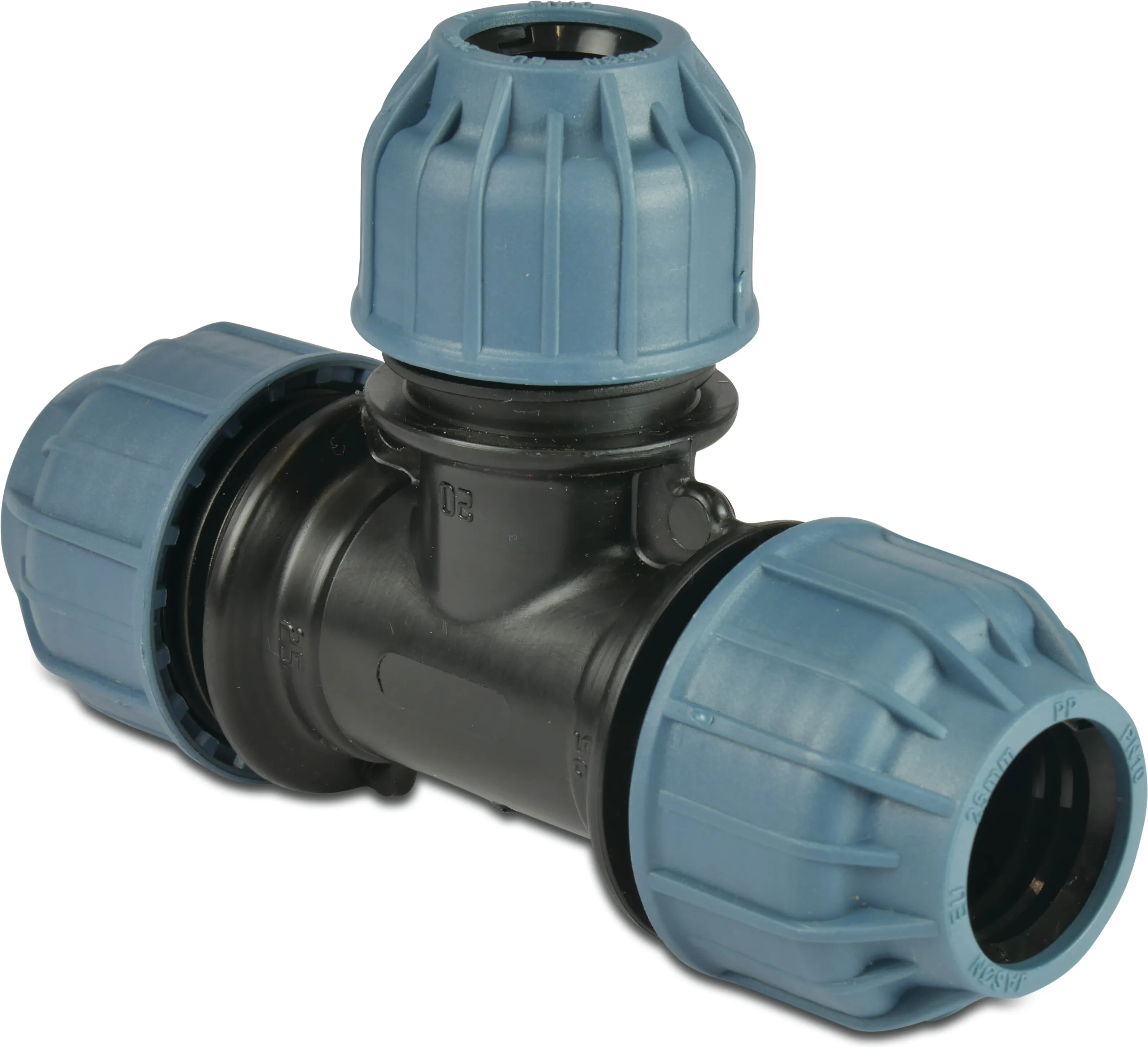 Jason T à 90°, réduit PP 63 mm x 50 mm x 63 mm à serrer 10bar noir/bleu