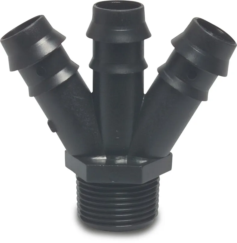 Tavlit 3 way barbed distributor PP 3/4" x 12 mm x 12 mm x 12 mm male thread x barbed x barbed x barbed 4bar black