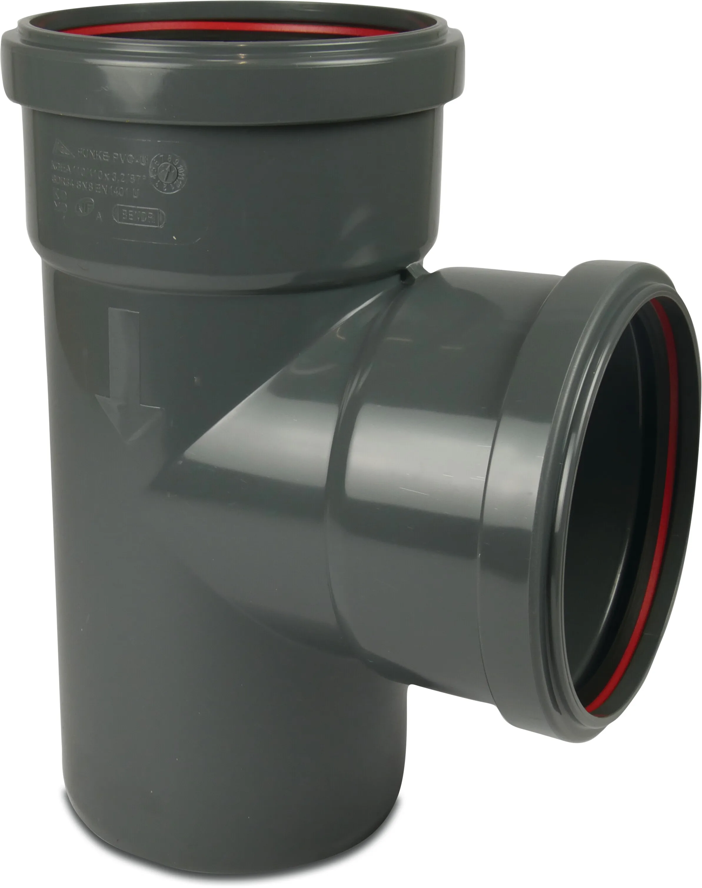Drainage T-piece 87° PVC-U 110 mm SN4 ring seal x ring seal x spigot grey KOMO/BENOR