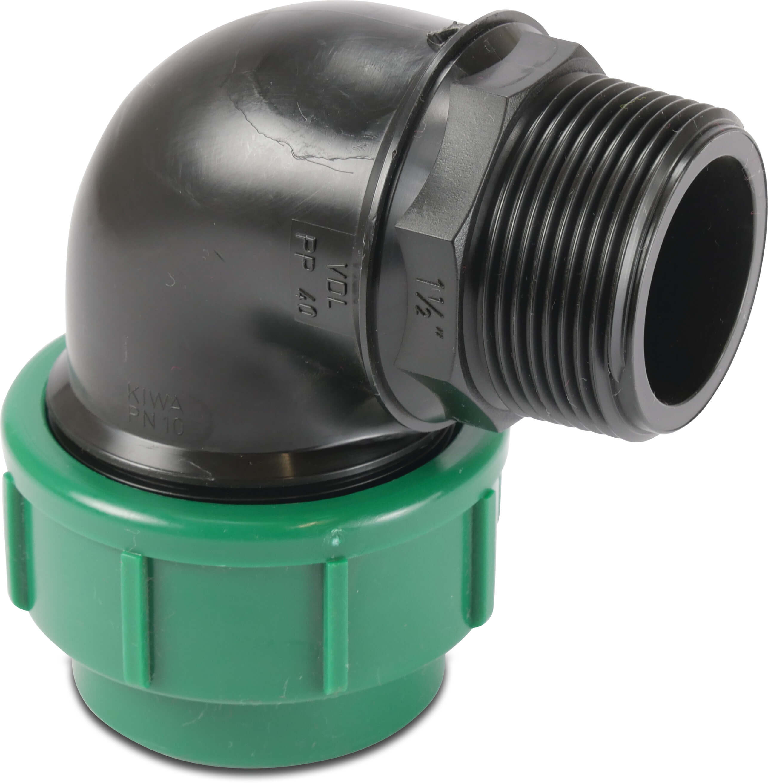 VDL Elbow 90° PP 40 mm x 1 1/2" compression x male thread 16bar black/green