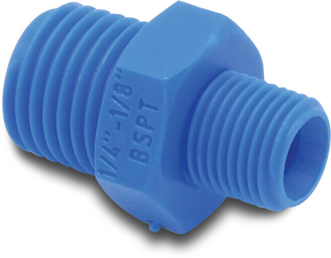 Tefen Reduktionsnippel PA glasfiberforstærket 1/4" x 1/8" udvendig gevind 14bar blå