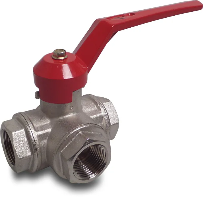 3-way ball valve L-bore brass nickel plated 3/8" female thread 16bar DN10 type L-bore side connection