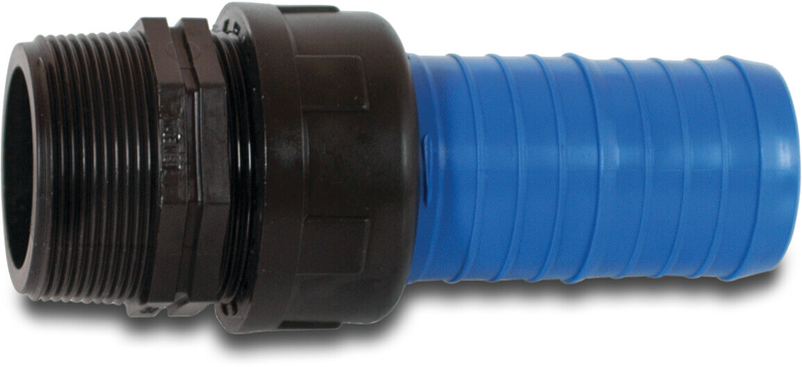 Overgangskoppeling PP 2" x 52 mm buitendraad x slangtule zwart/blauw type Layflat