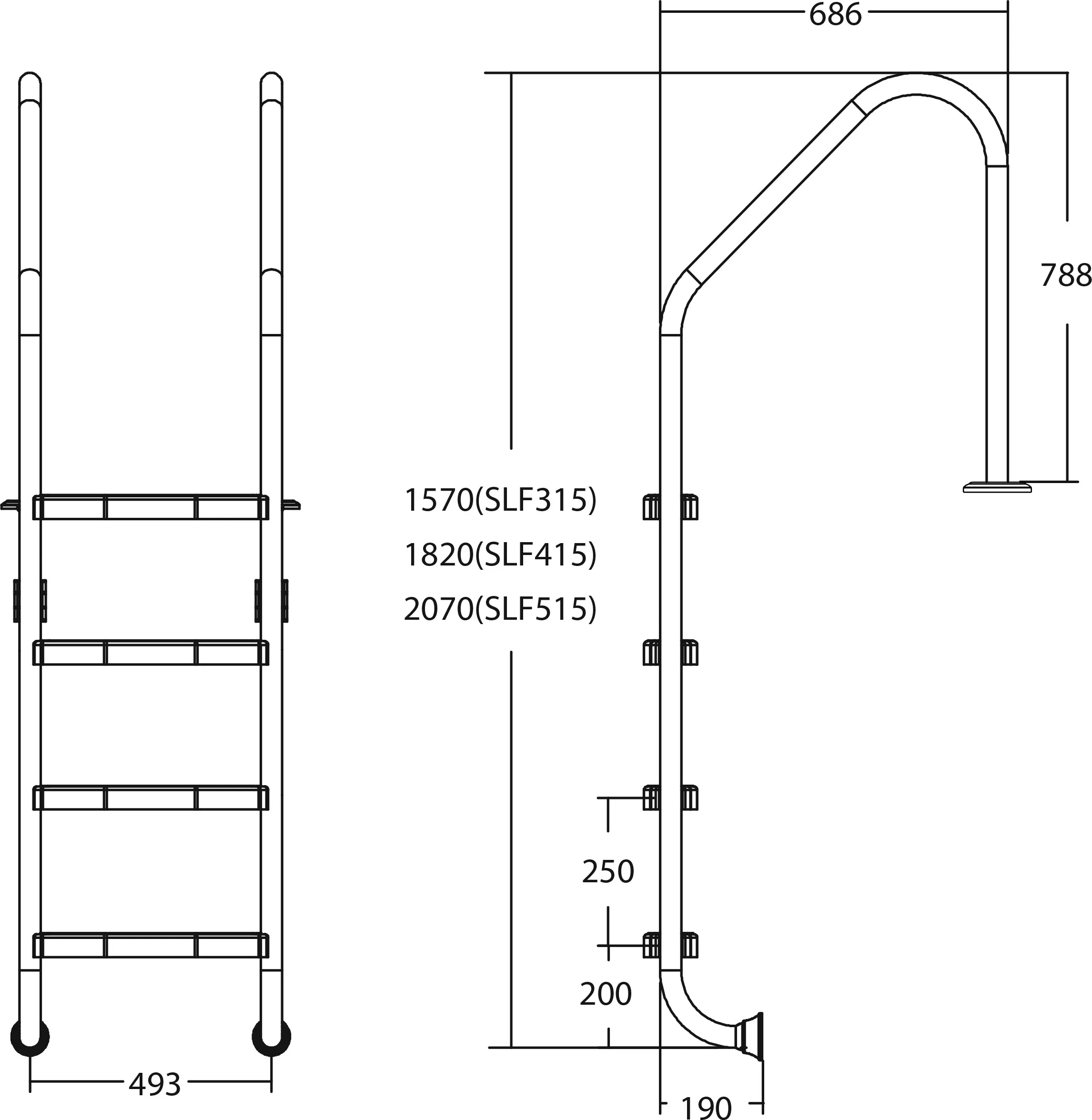 Flotide Pool steps stainless steel 316 type flange wide model 3 steps