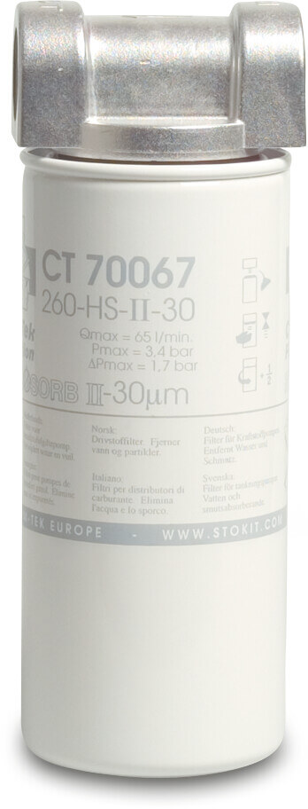 Fuel filter aluminium 1" female thread 3,4bar 30micron hydrosorb