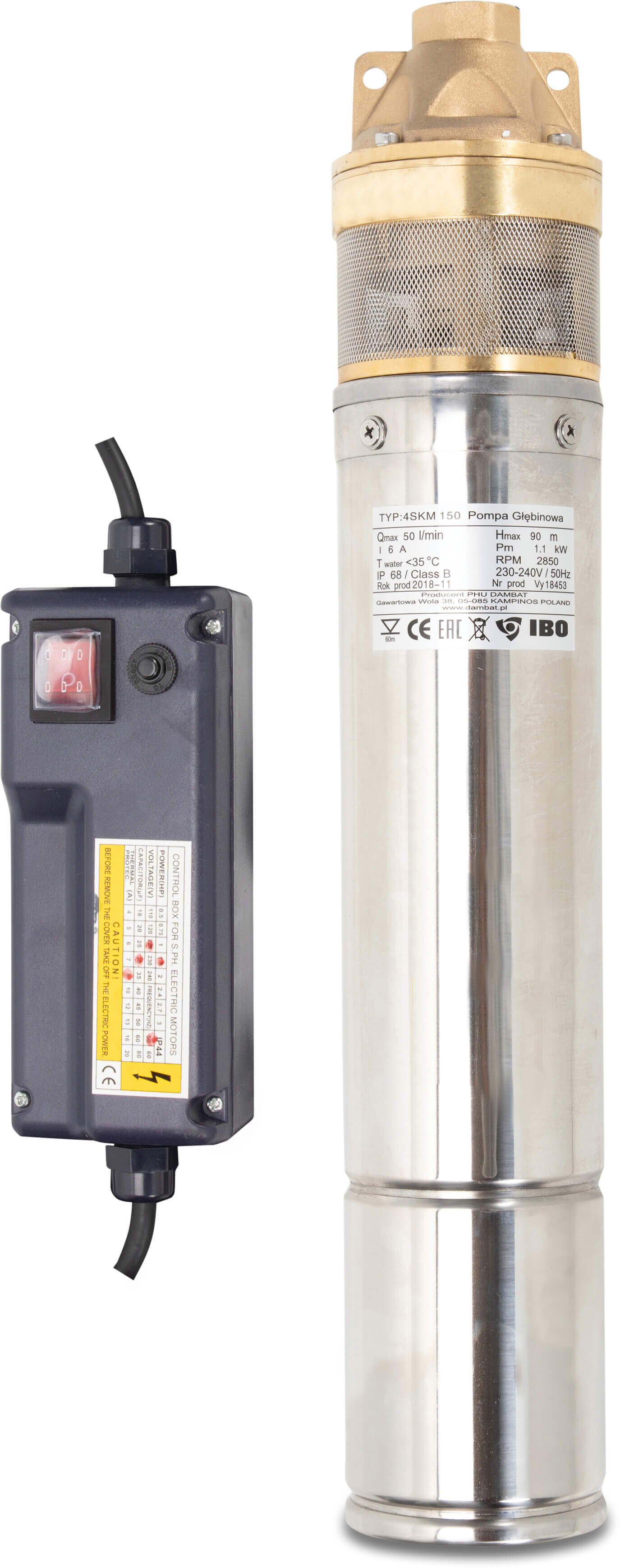 Deep well pump 1" female thread 5,8A 230VAC type SKM 100 with control box - oil cooling