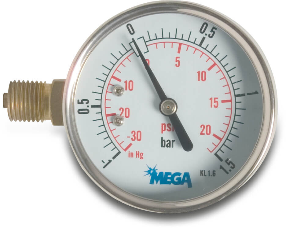 Profec Manometer 63 mm Außengewinde -1 - 1,5bar Typ Glyzeringefüllt Seitlich 1/4"