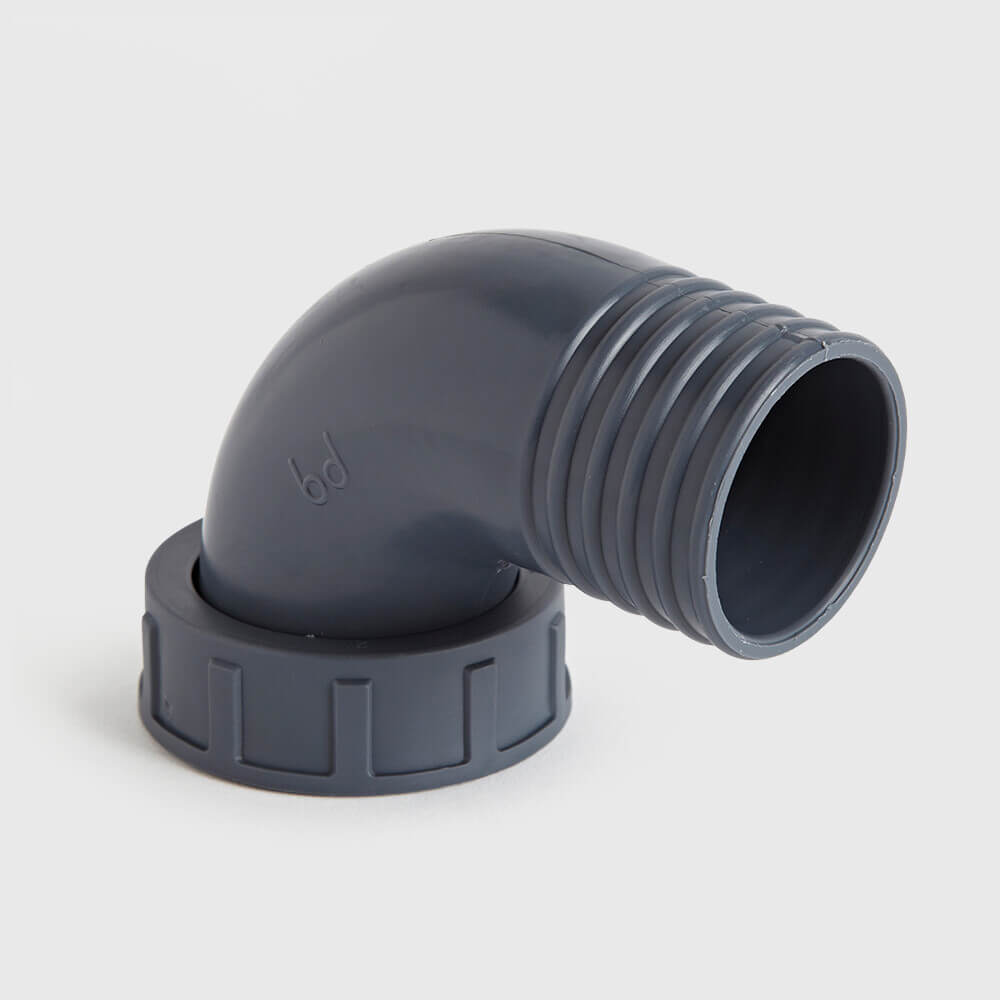 Hose tail 2/3 union adaptor elbow 90° PP 1 1/2" x 40 mm female threaded nut x hose tail 6bar grey