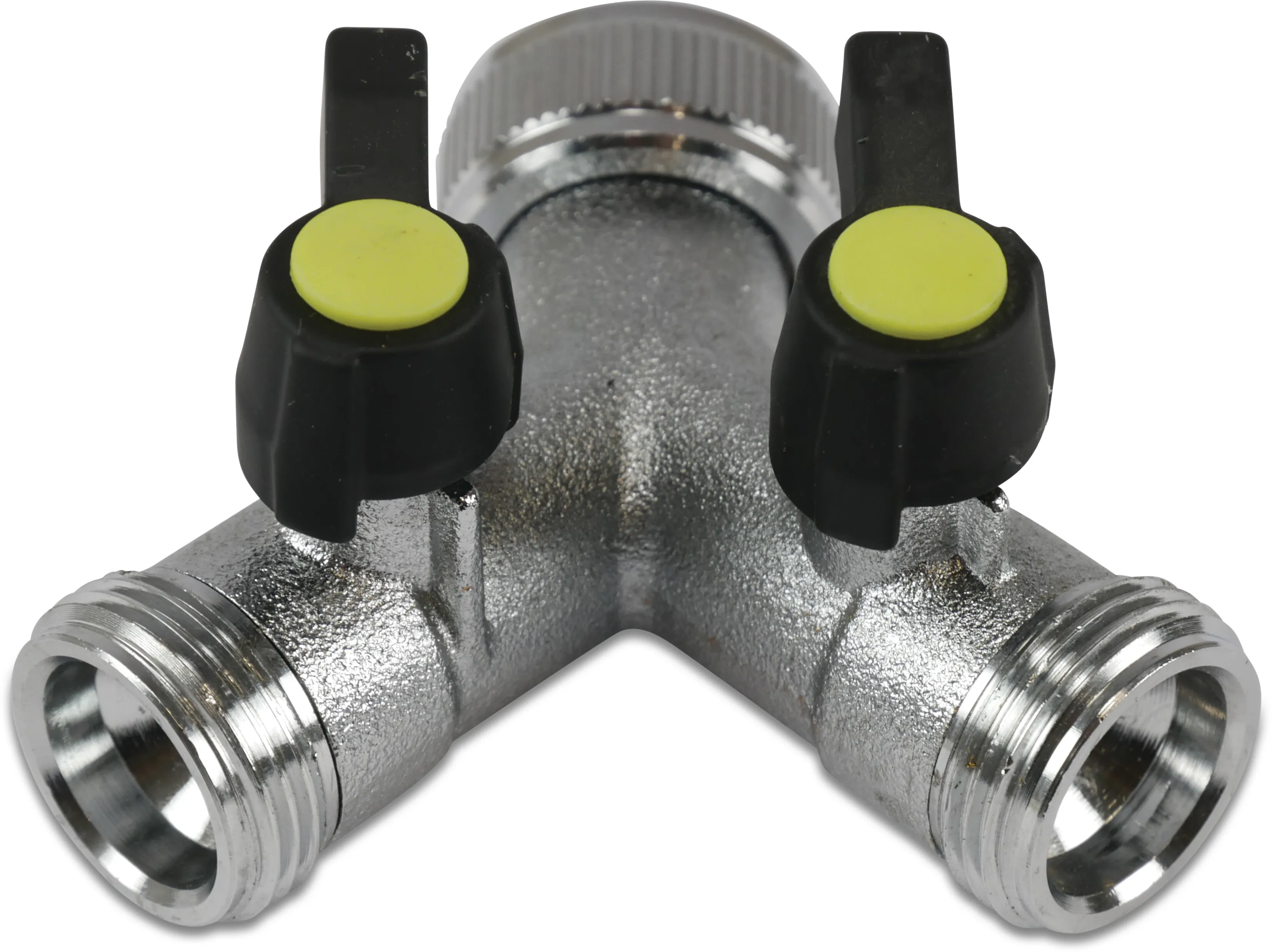 Hydro-S 3-weg koppeling messing verchroomd 3/4" wartel binnendraad x buitendraad x buitendraad type met kogelkraan