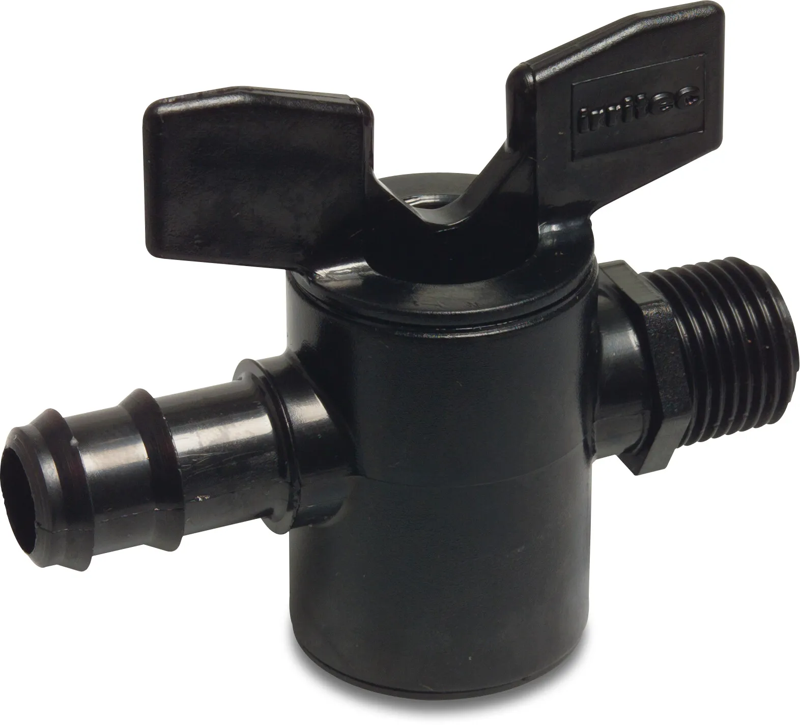 Robinet à tournant conique PP 12 mm x 1/2" cannelé x filetage mâle 6bar noir P1
