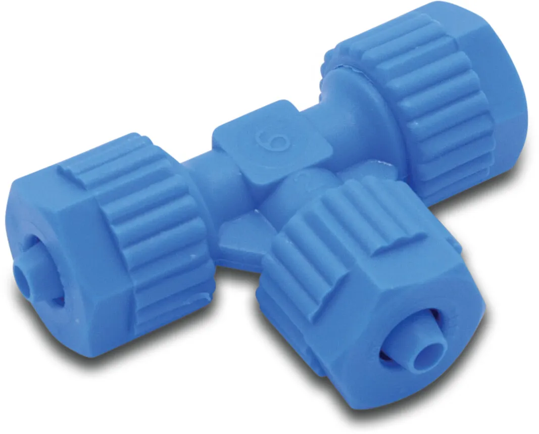 Tefen T-piece 90° PA glass fibre reinforced 6 mm barbed 14bar blue