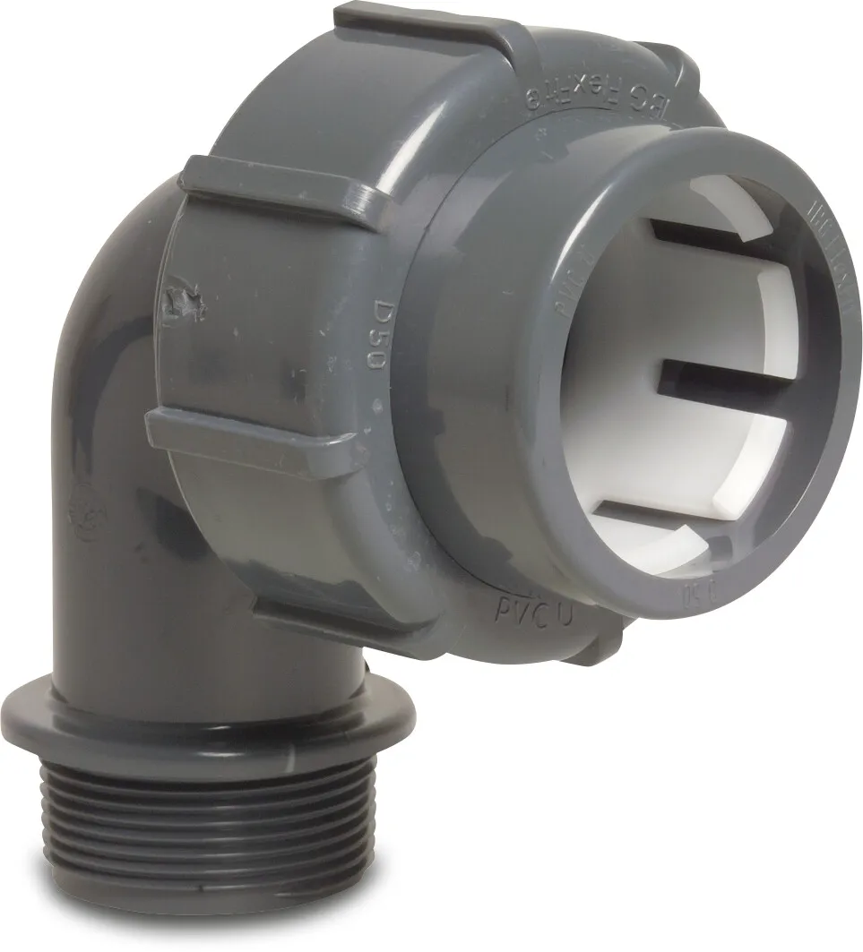 Knie 90° PVC-U 50 mm x 1 1/2" knel x buitendraad 4bar grijs