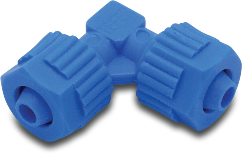 Tefen Unionsvinkel 90° PA glasfiberforstærket 8 mm modhage 14bar blå