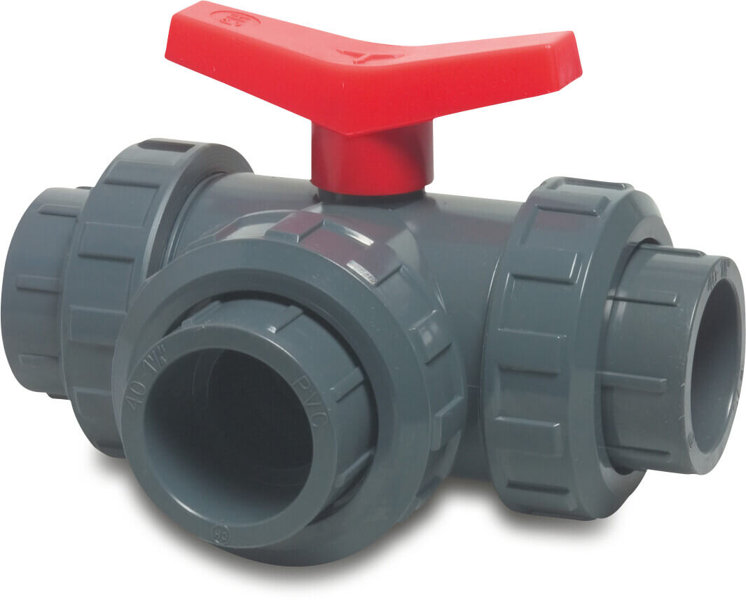 3-way ball valve T-bore PVC-U 63 mm glue socket 10bar DN50 grey type T-bore side connection