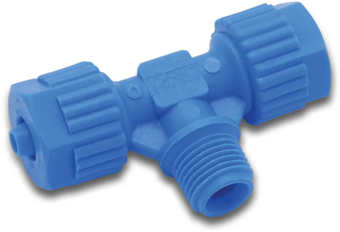 Tefen T-Stück 90° PA Glasfaserverstärkt 8 mm x 1/4" x 8 mm Tülle x Außengewinde x Tülle 14bar Blau