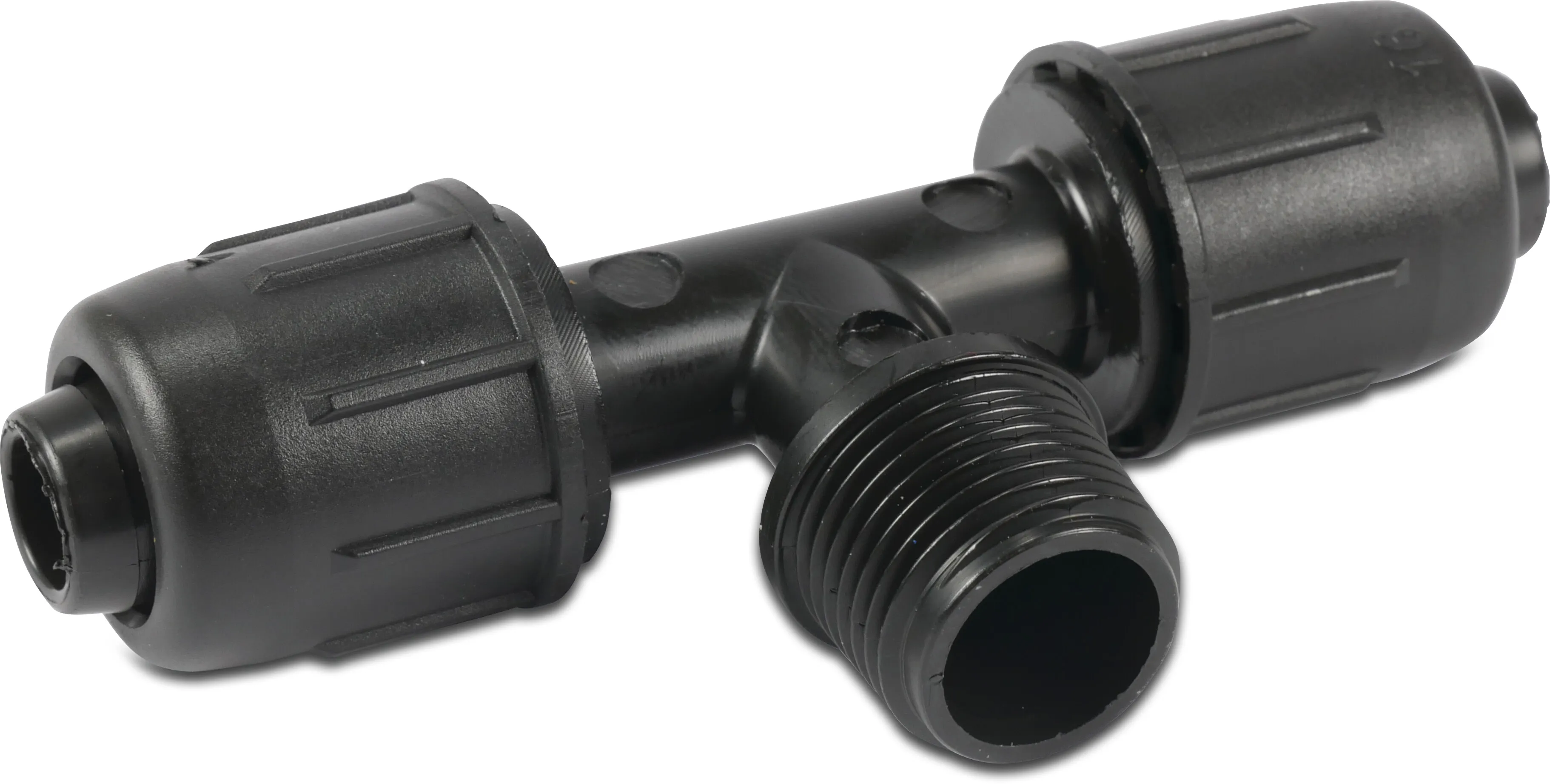 T-piece 90° PP 16 mm x 3/4" x 16 mm lock x male thread 4bar black