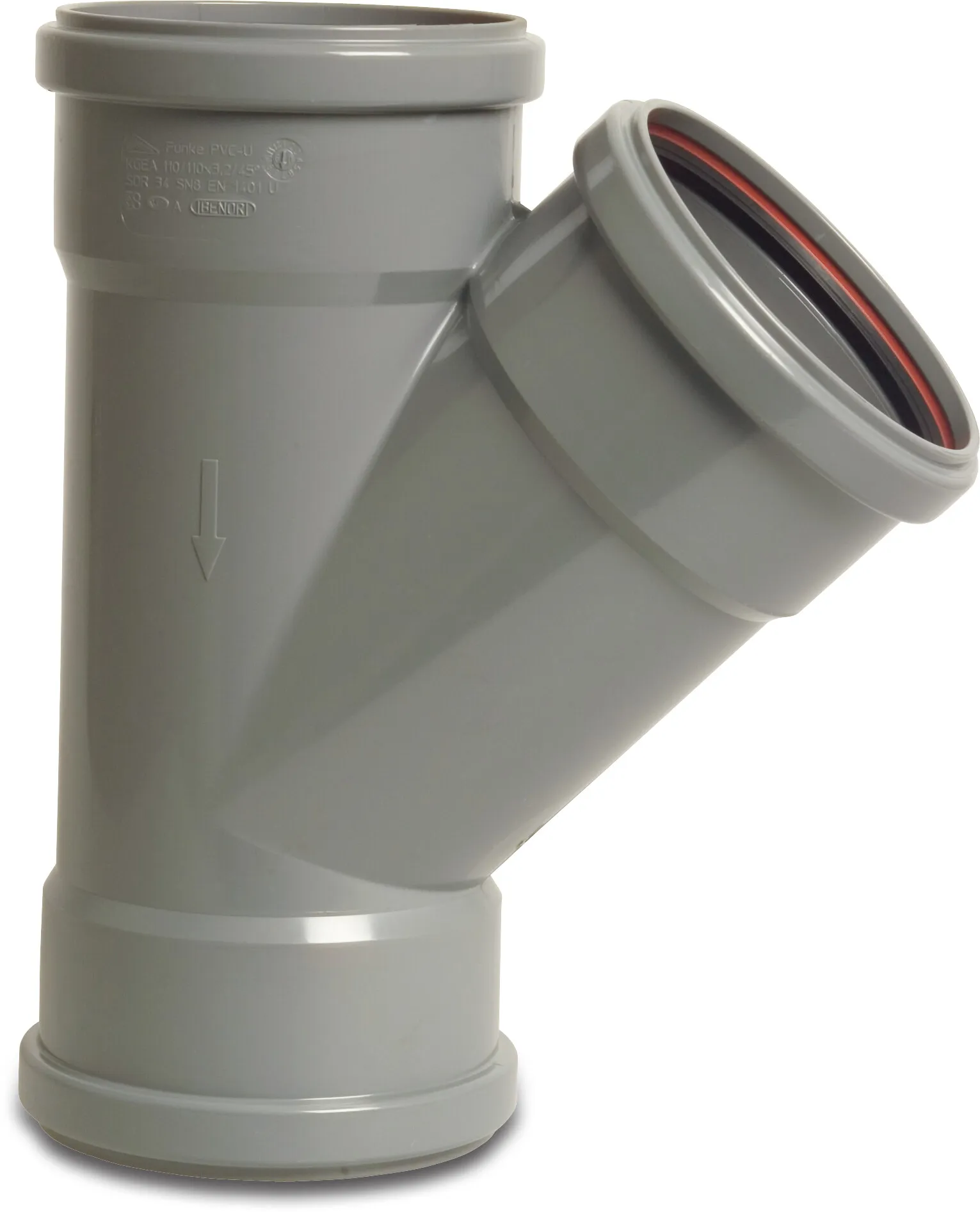 Drainage T-piece 45° PVC-U KOMO/BENOR ring seal grey