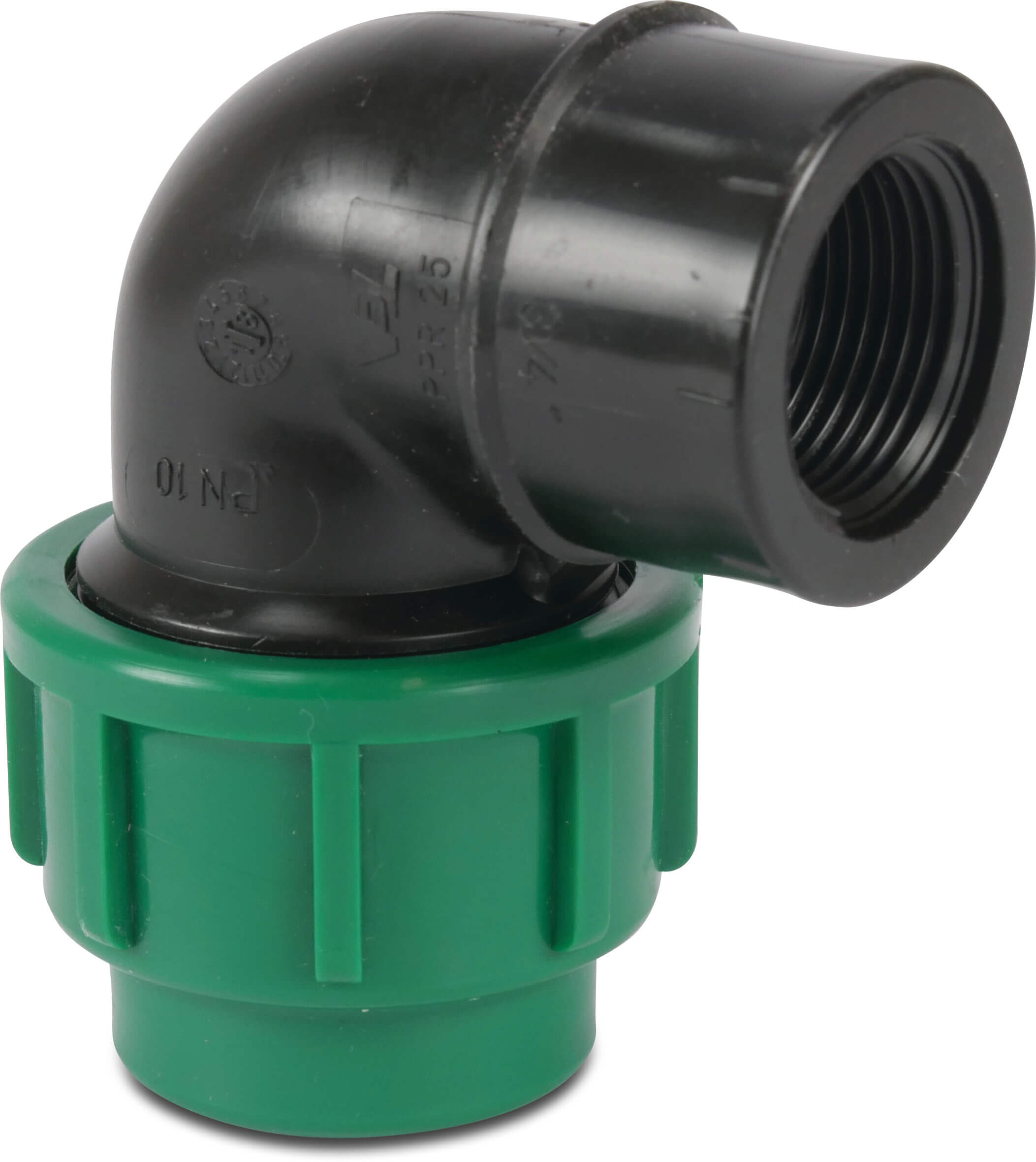 VDL Elbow 90° PP 25 mm x 1/2" compression x female thread 10bar black/green KIWA