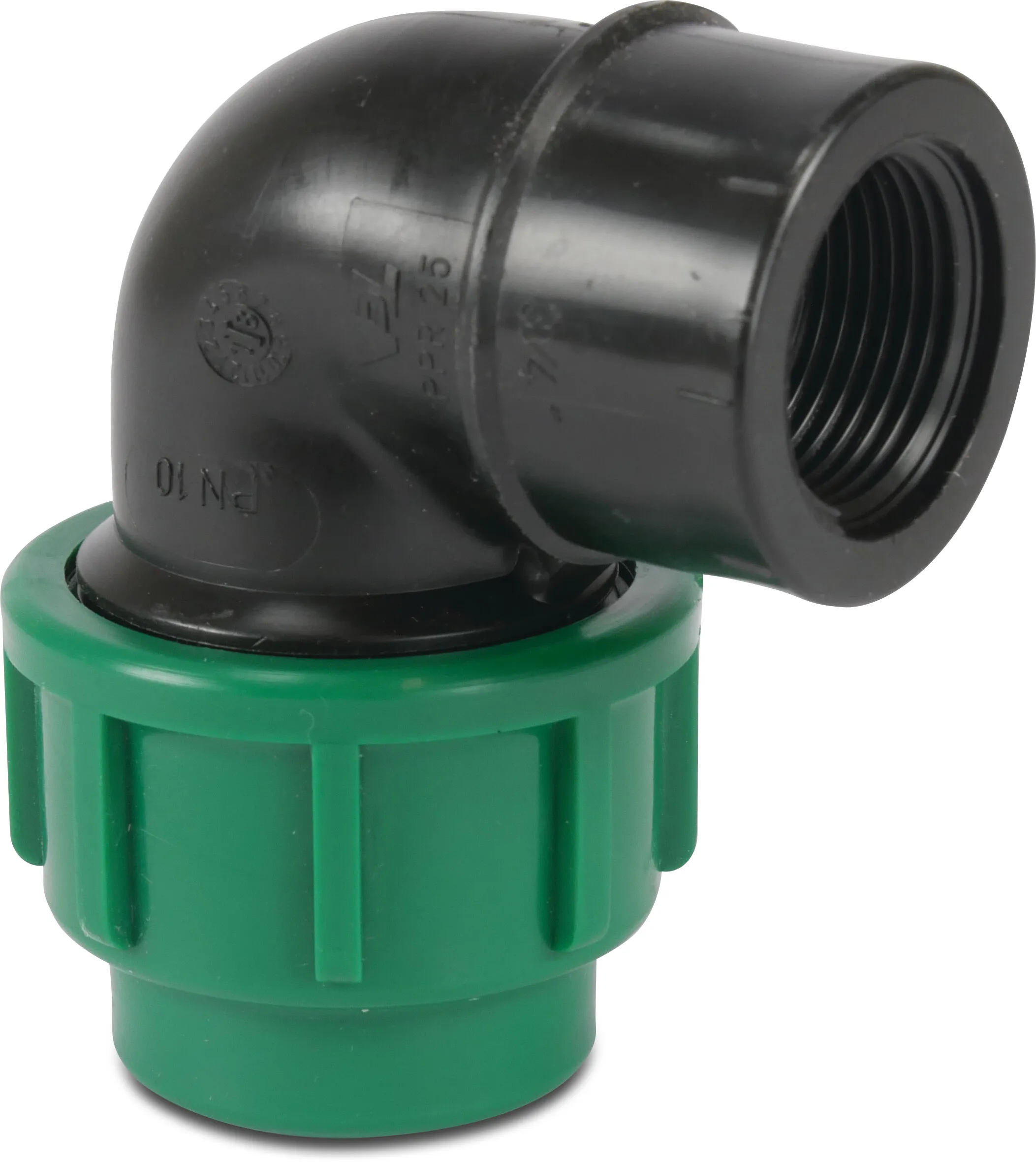 VDL Elbow 90° PP 25 mm x 1/2" compression x female thread 10bar black/green KIWA