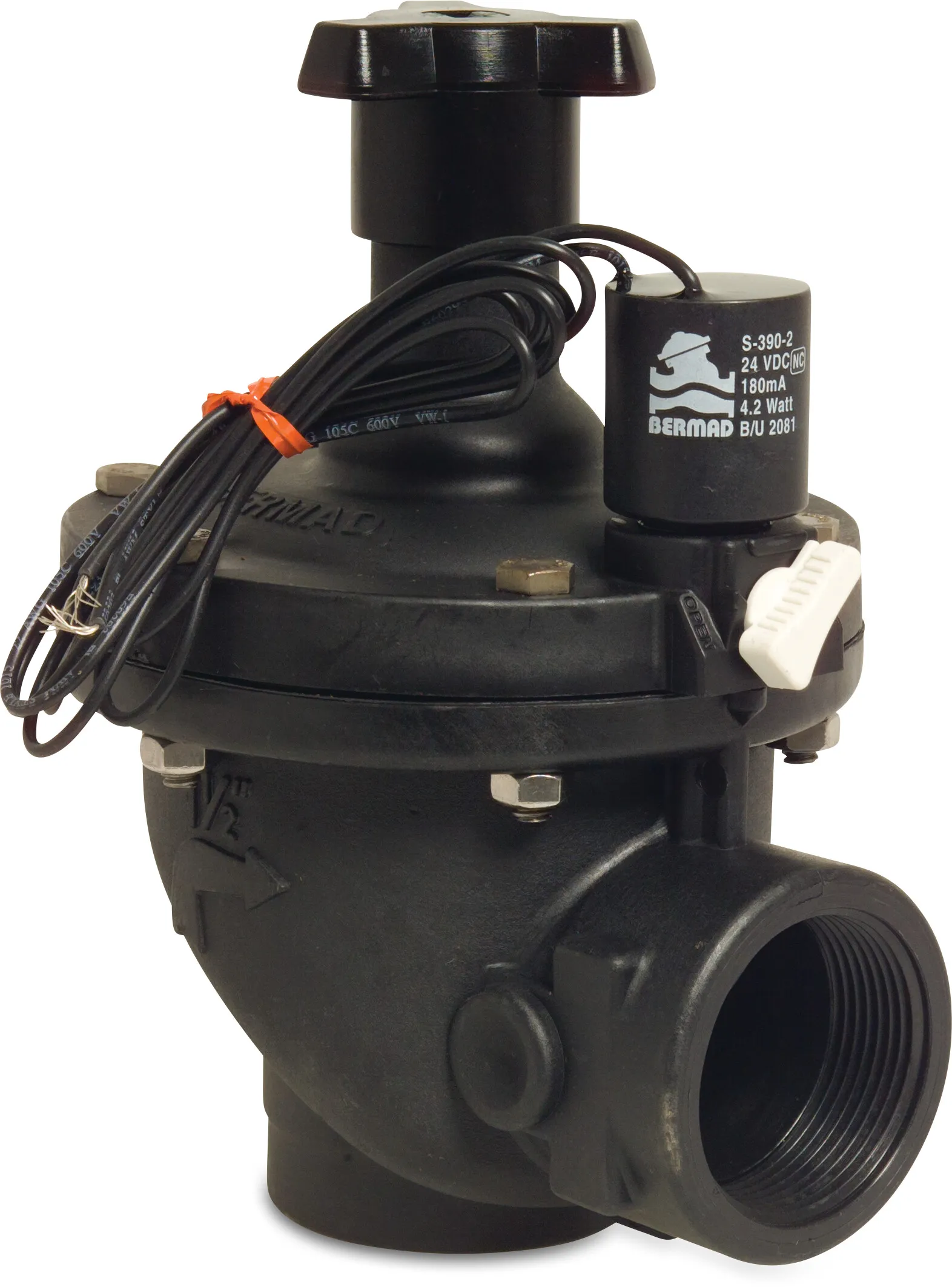 Bermad Magnetventil glasfaserverstärktes Nylon 1 1/2" Innengewinde 10bar 24VAC Schwarz Typ D151 Winkel