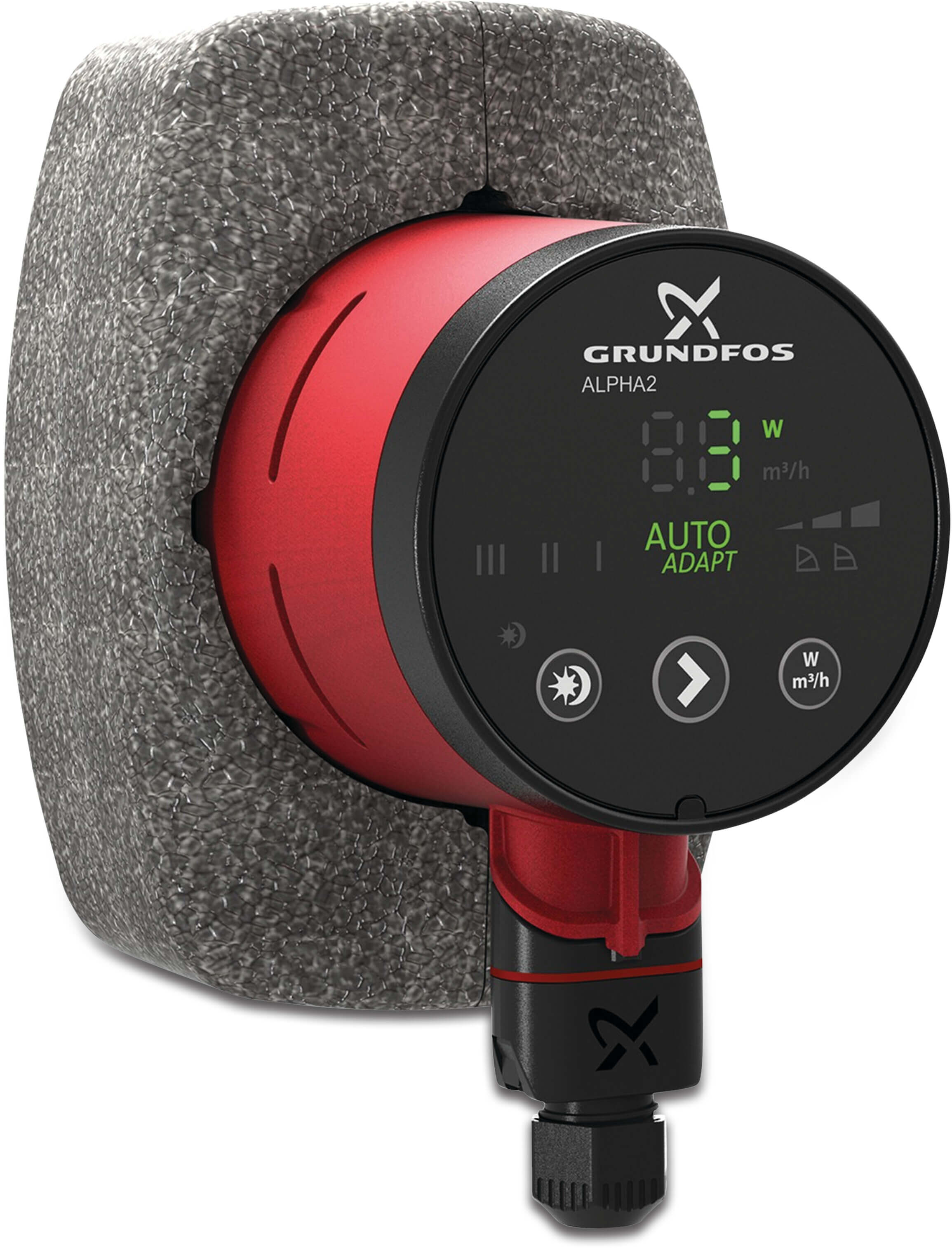 Grundfos Variable speed circulation pump cast iron 1 1/2" male thread 0.38A 230VAC black/red WRAS type Alpha2 25-40 (130)