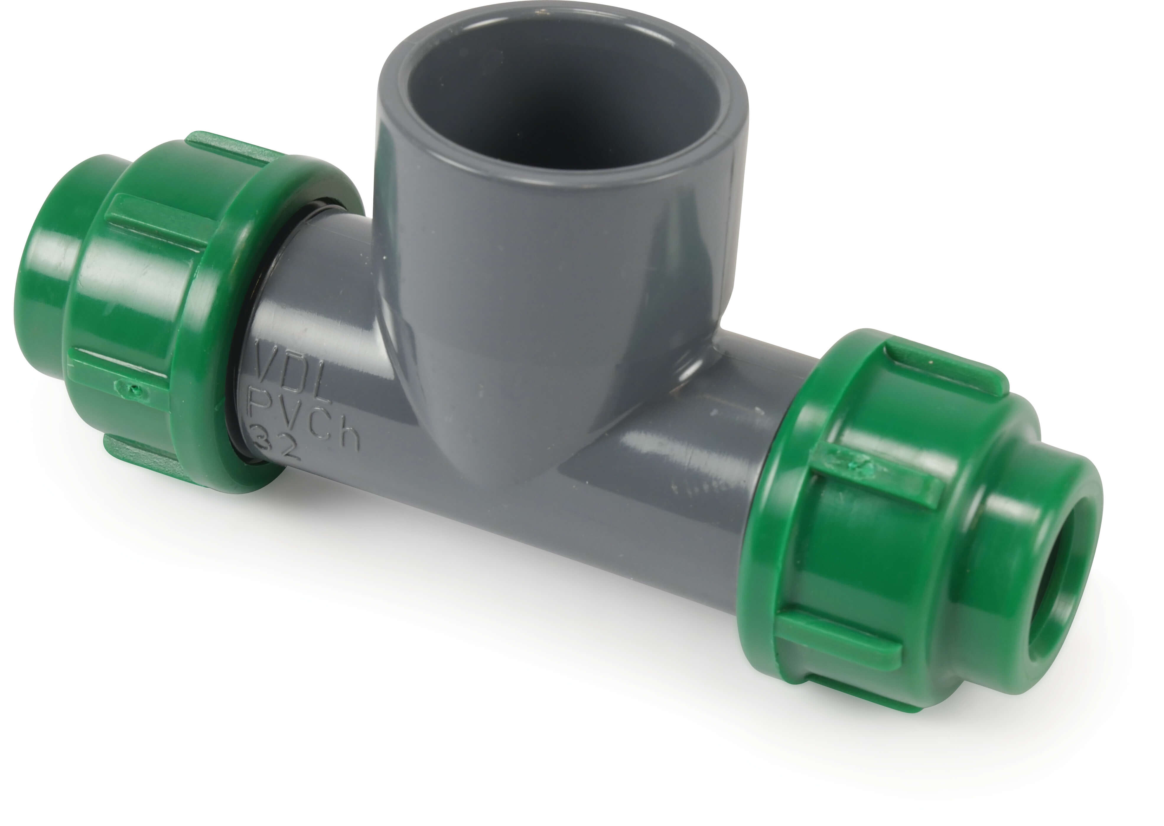 VDL Adaptor T-piece 90° PVC-U/PP 25 mm x 32 mm x 25 mm compression x glue socket x compression 10bar grey/green