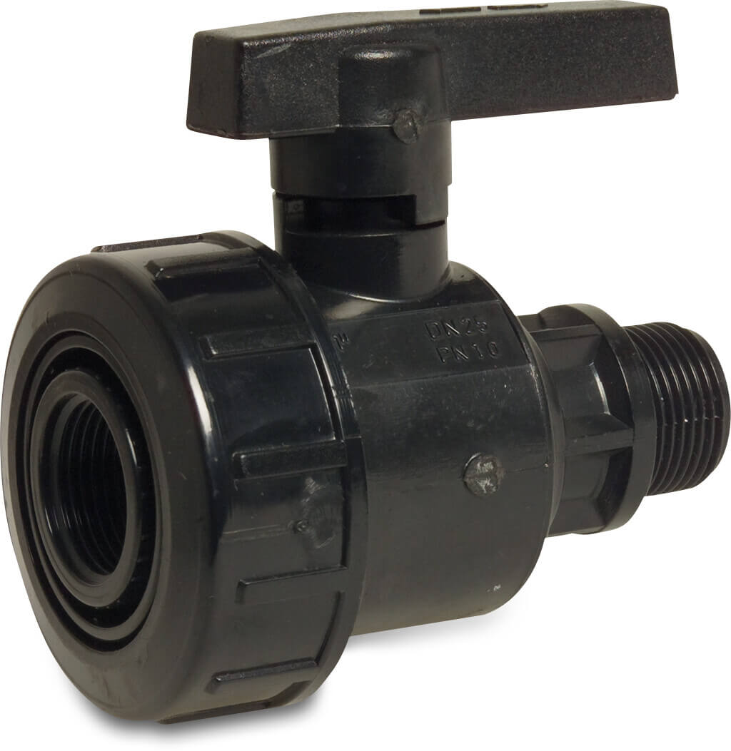 Ball valve PP 1 1/4" female thread x male thread 6bar black P1