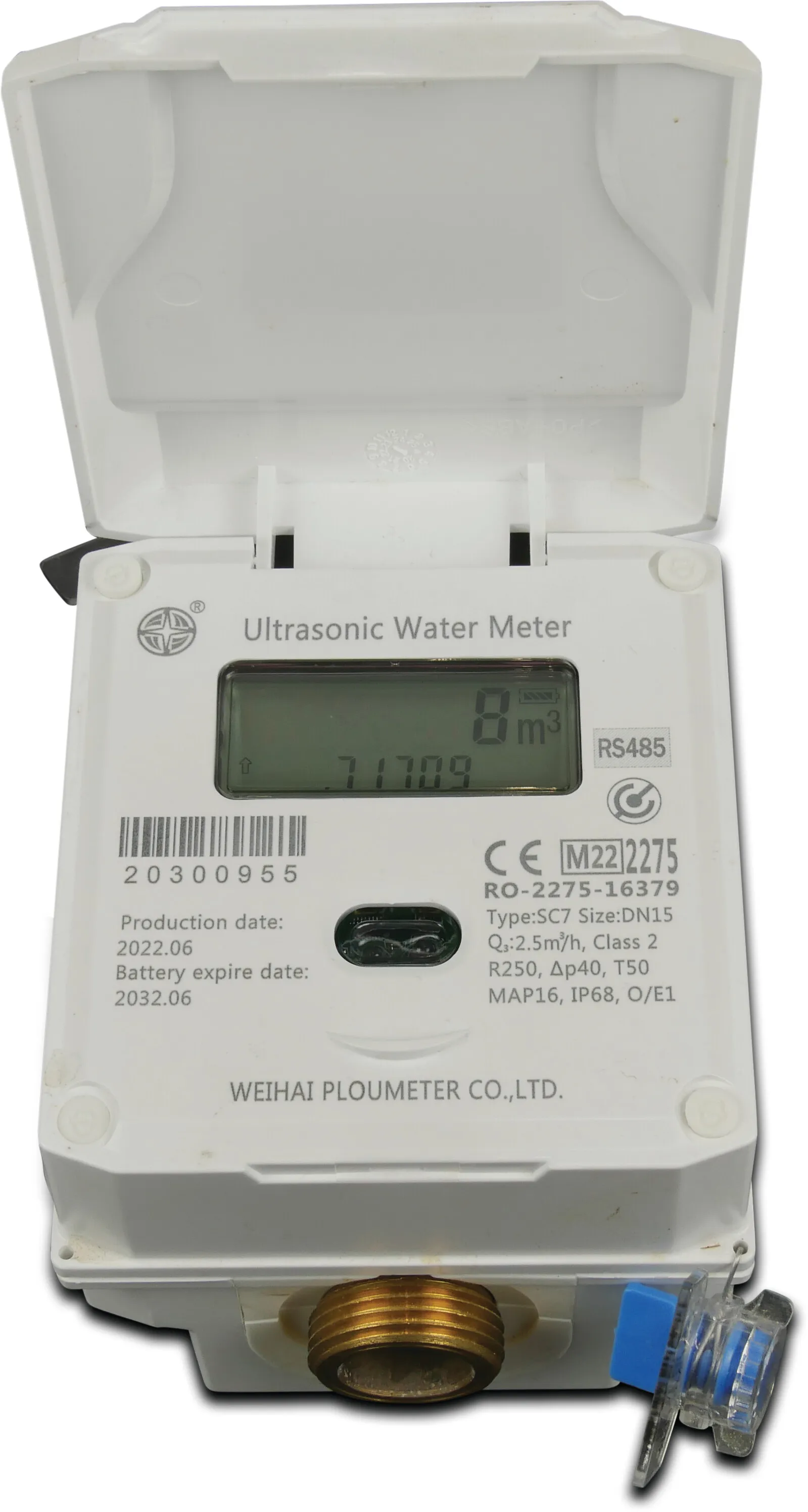 Profec Compteur d'eau à ultrasons laiton MID 16 bar filetage mâle blanc type Class 2