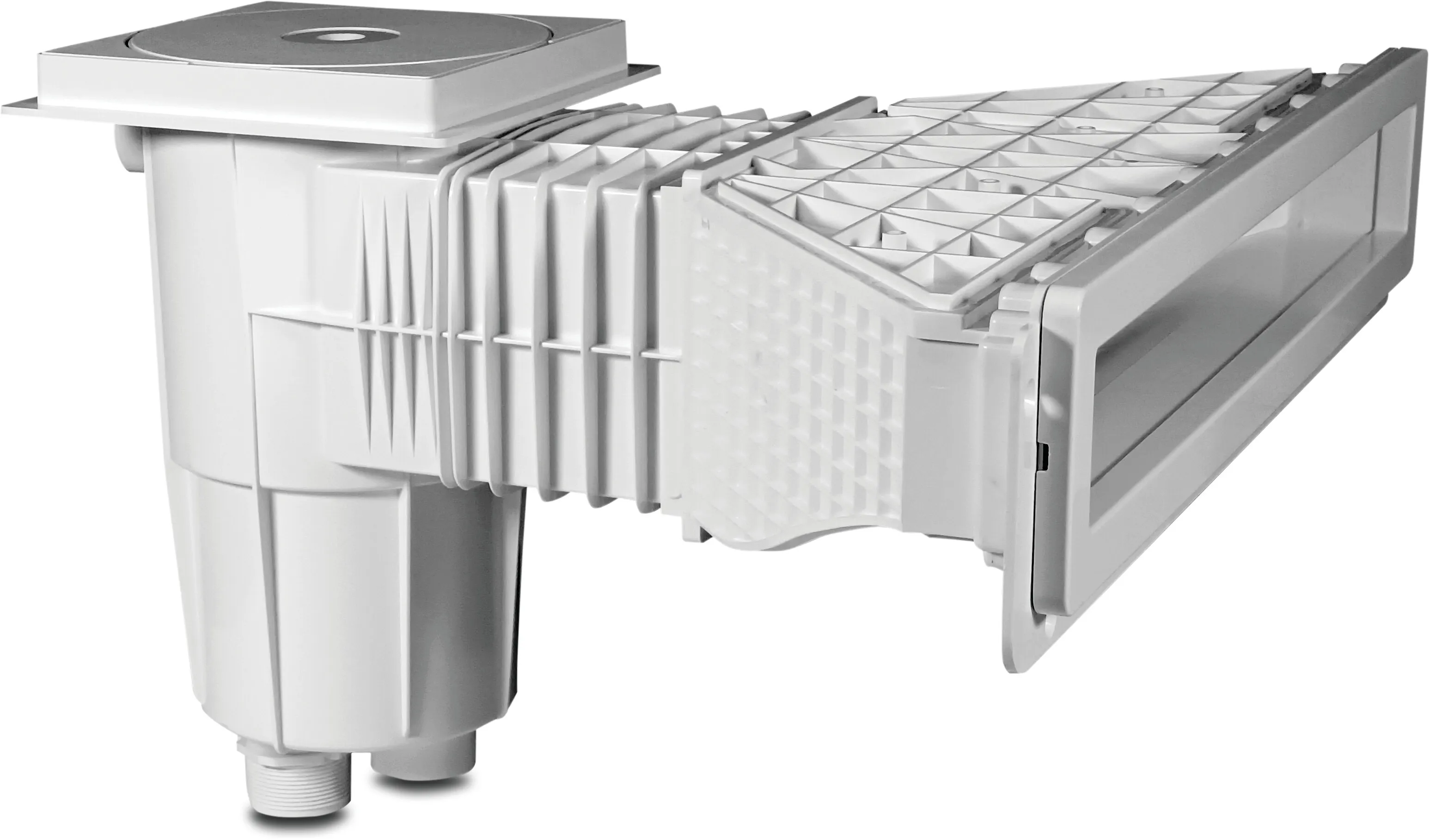 Flotide Skimmer ABS 1 1/2" x M6 indvendig gevind hvid rektangulær type High Waterline glasfiber og liner pools