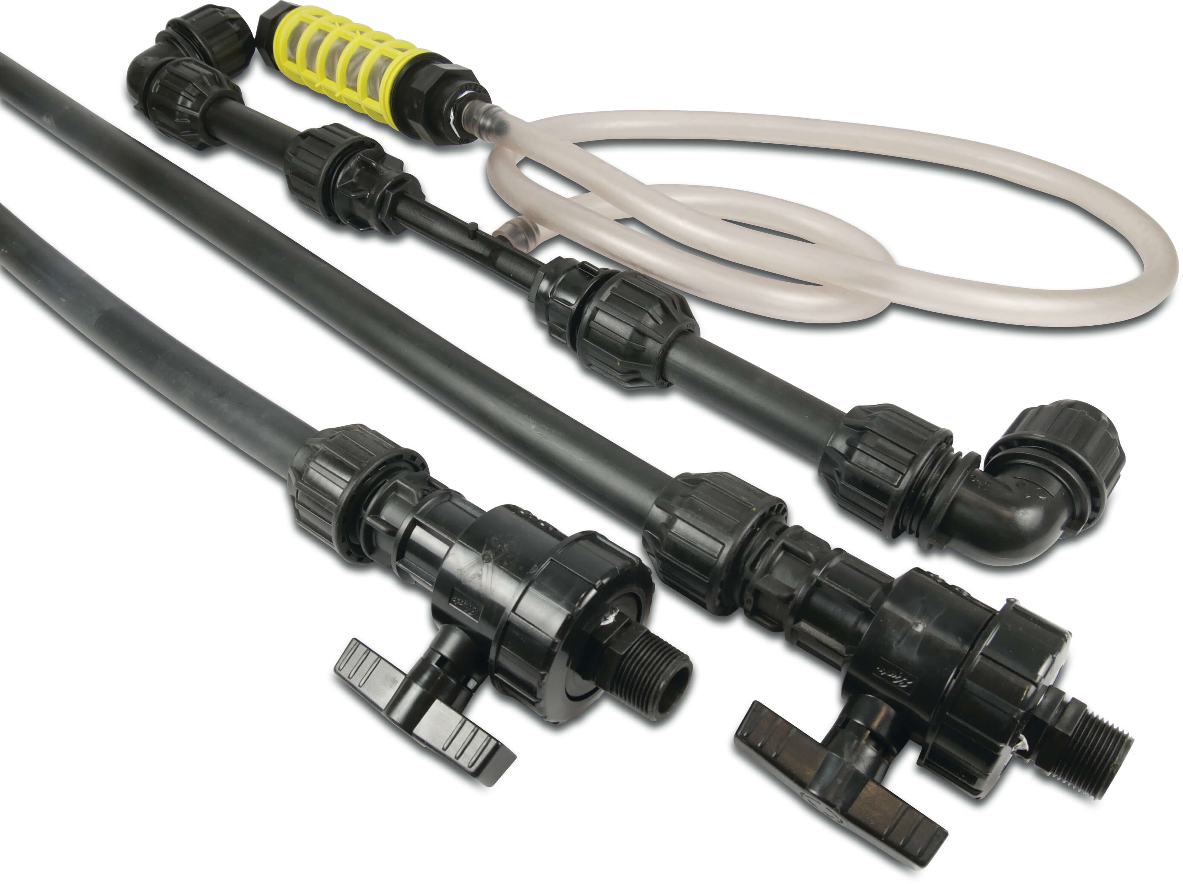 Venturi injector complete PP 1" x 13 mm x 1" male thread x hose tail x male thread black