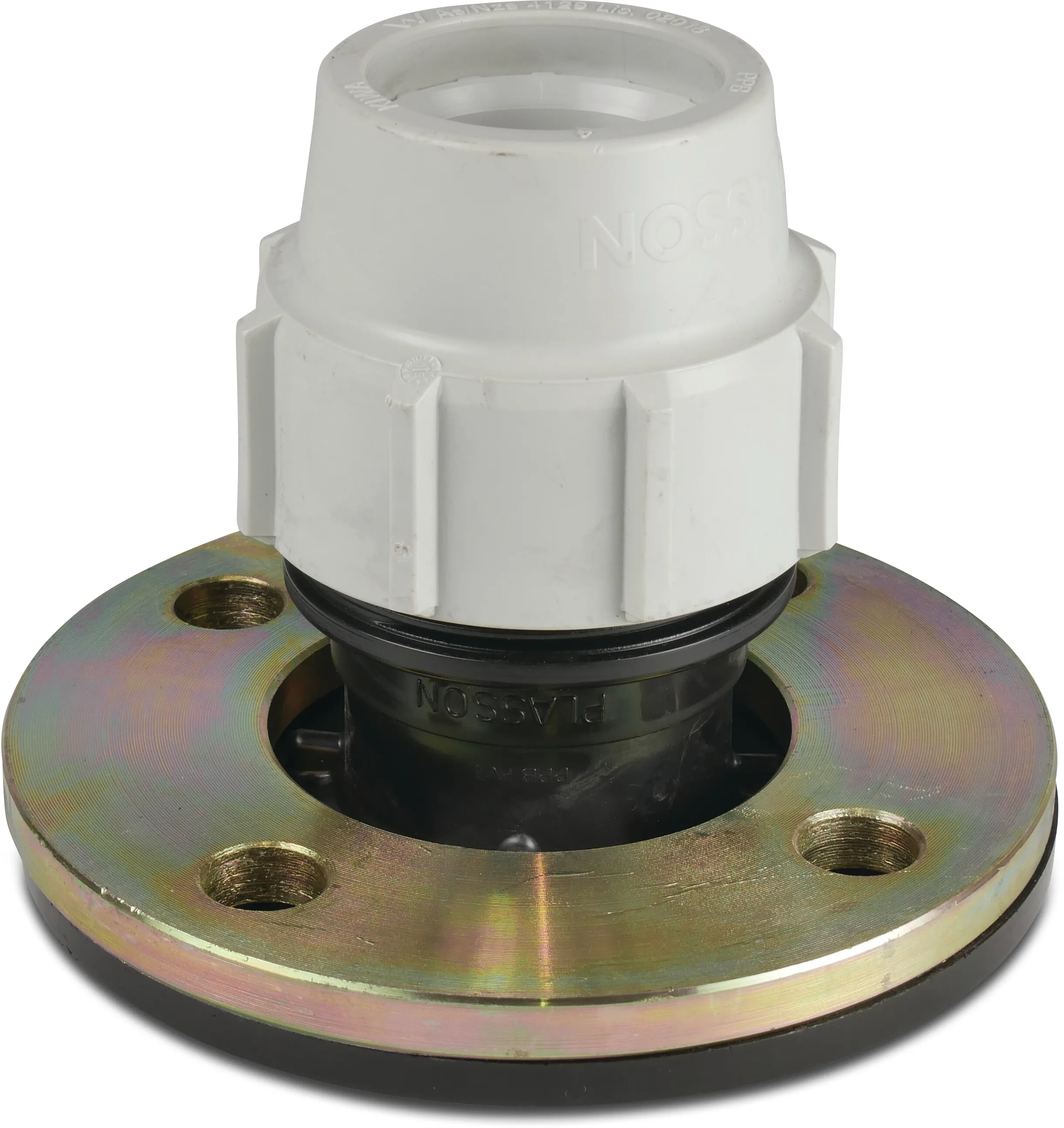 Jason Aansluitstuk PP 4" x 90 mm DIN flens x knel 10bar zwart/wit DVGW/KIWA/WRAS/SVGW