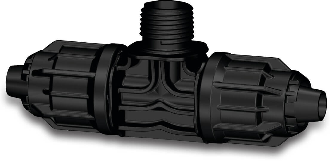 T-stuk 90° PP 20 mm x 1/2" x 20 mm quick joint x buitendraad 4bar zwart