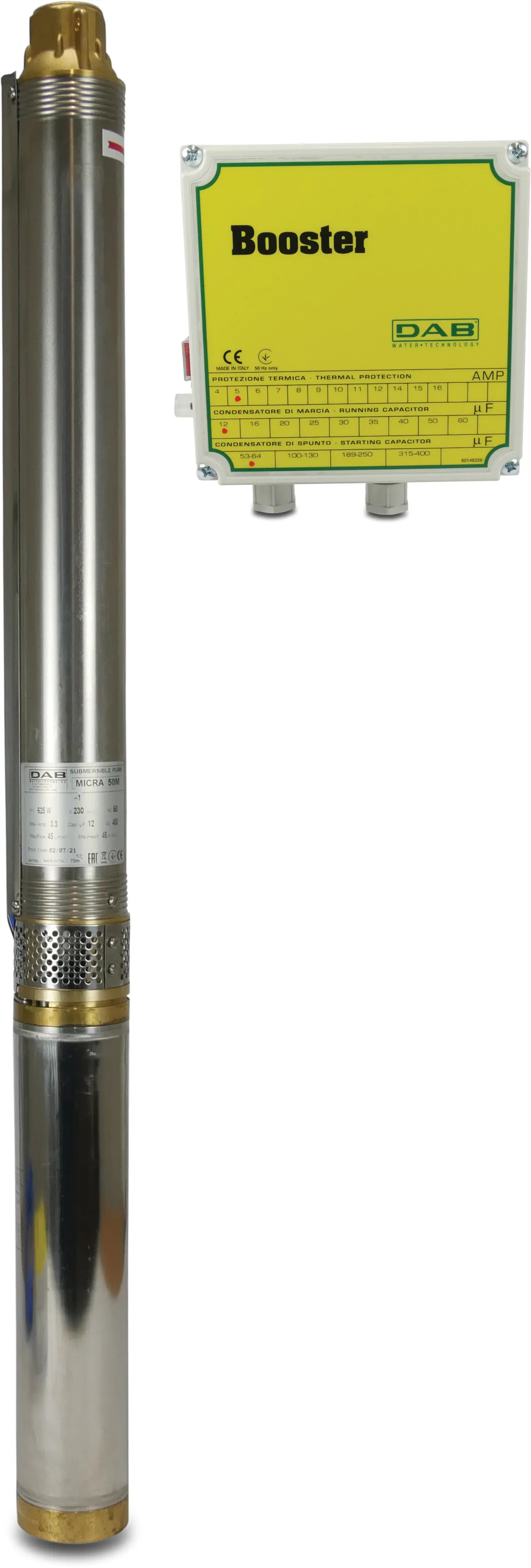 DAB Brøndpumpe rustfri stål 304 1" indvendig gevind 3,3A 230VAC med 15m kabel og control box booster type Micra 50M oil cooling