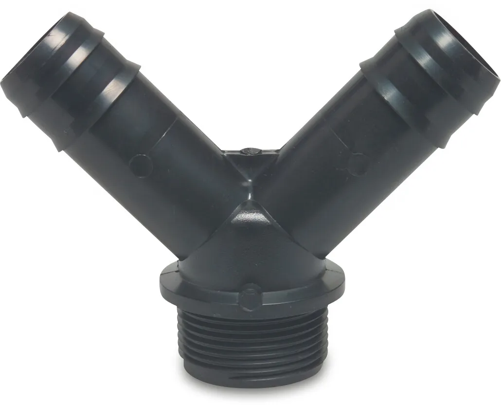2 way barbed distributor PP 25 mm x 3/4" x 25 mm barbed x male thread x barbed 4bar black