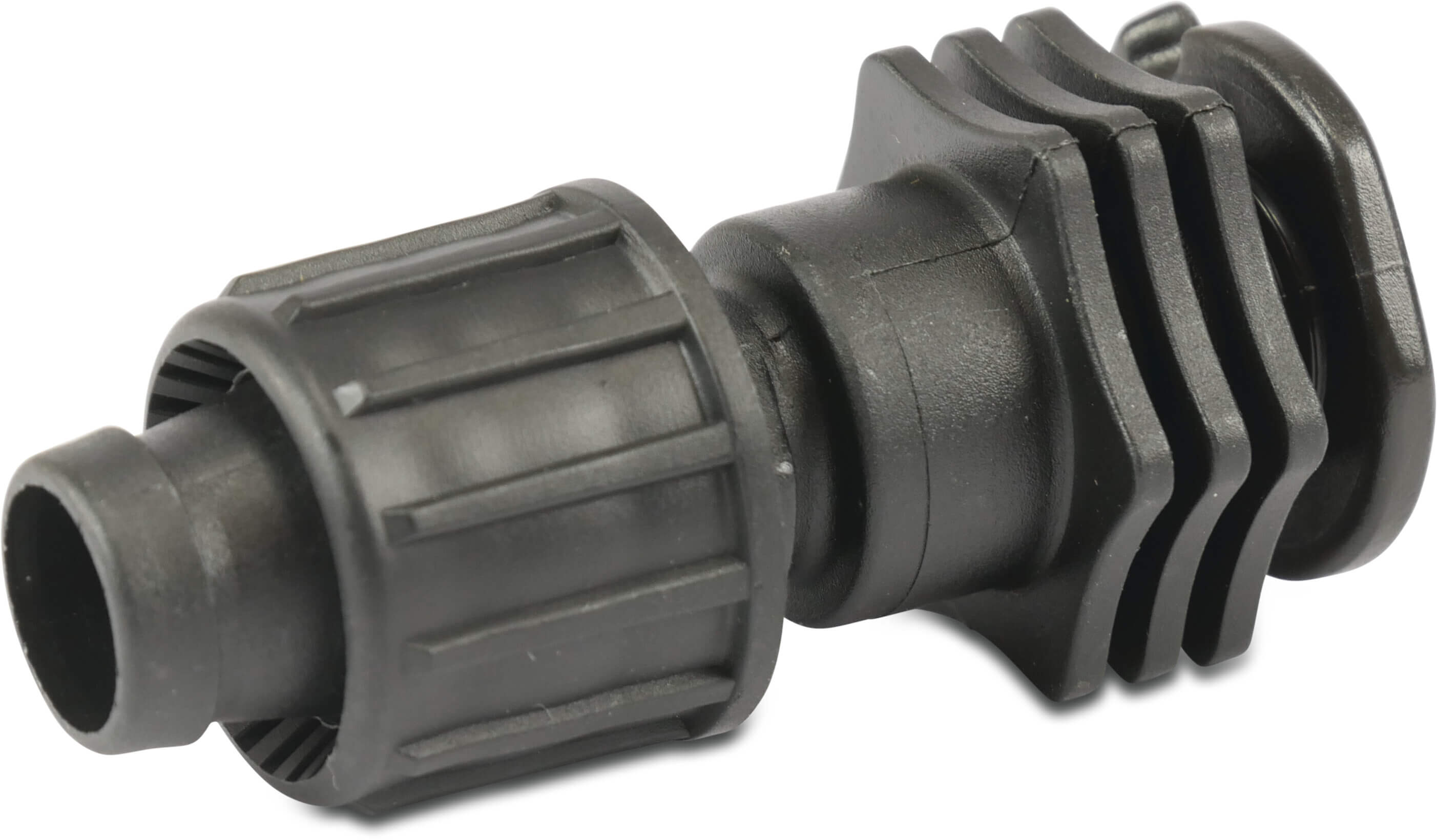 Overgang til fladliggende slange PP 22 mm tape x tilslutning flad slange 6bar sort