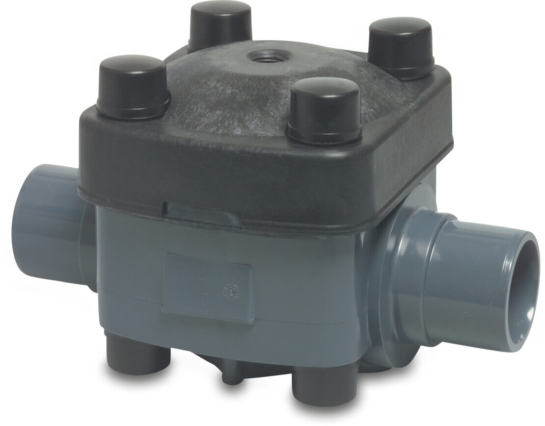 Praher Pneumatic membrane valve PVC-U 32 mm glue spigot 6bar DN25 grey type T4