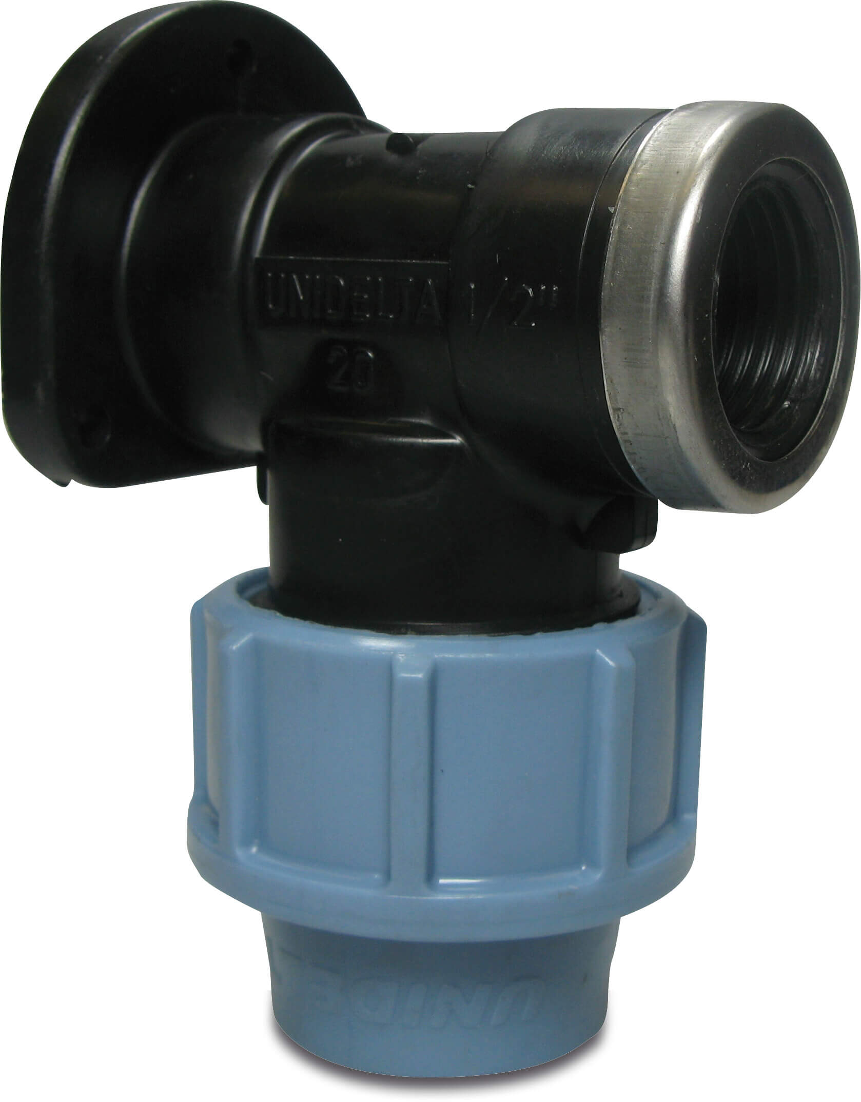 Unidelta Vægvinkel 90° PP 25 mm x 3/4" spænd x indvendig gevind 16bar sort/blå DVGW/KIWA/WRAS