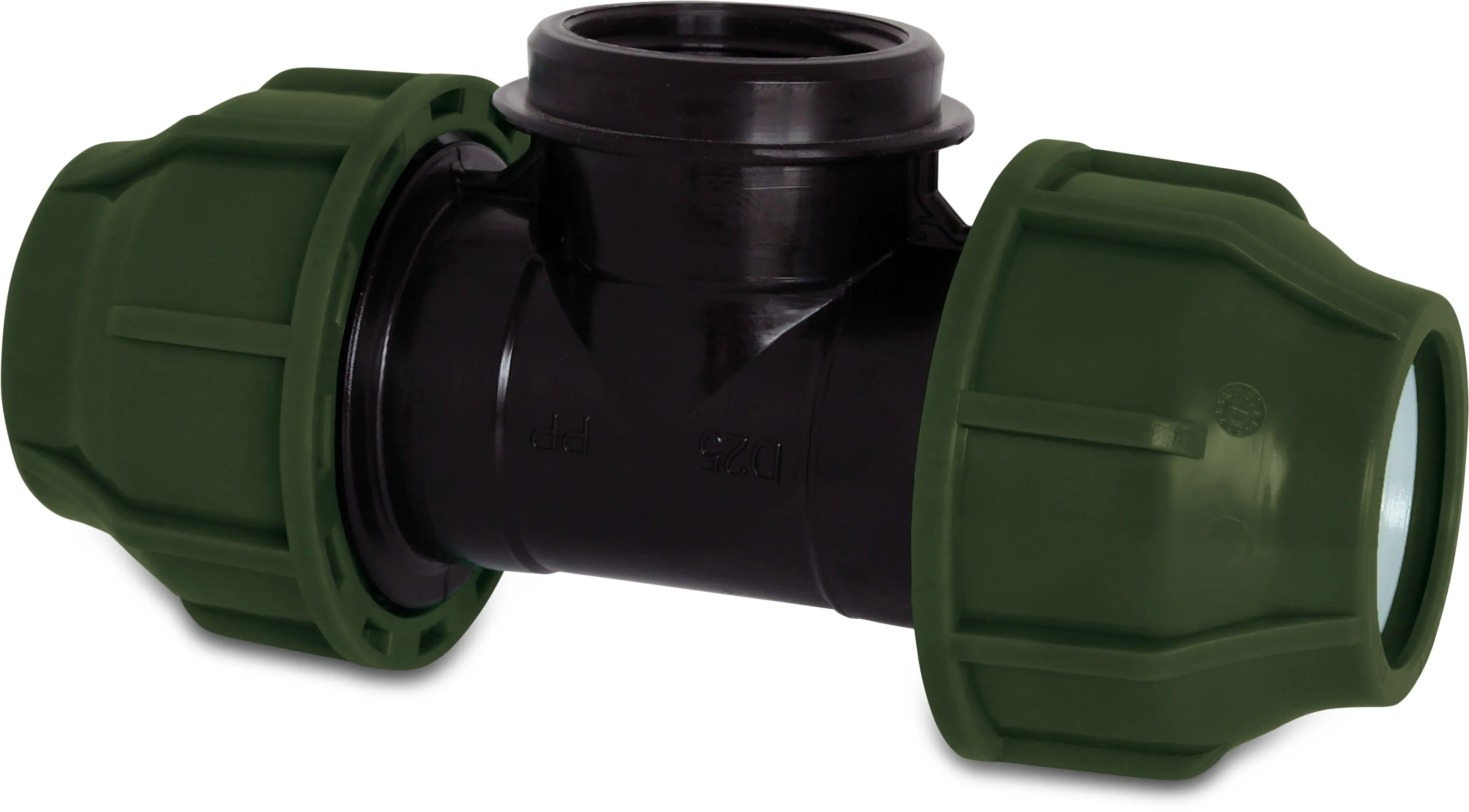 T-piece 90° PP 50 mm x 1 1/2" x 50 mm compression x female thread x compression 10bar black/green