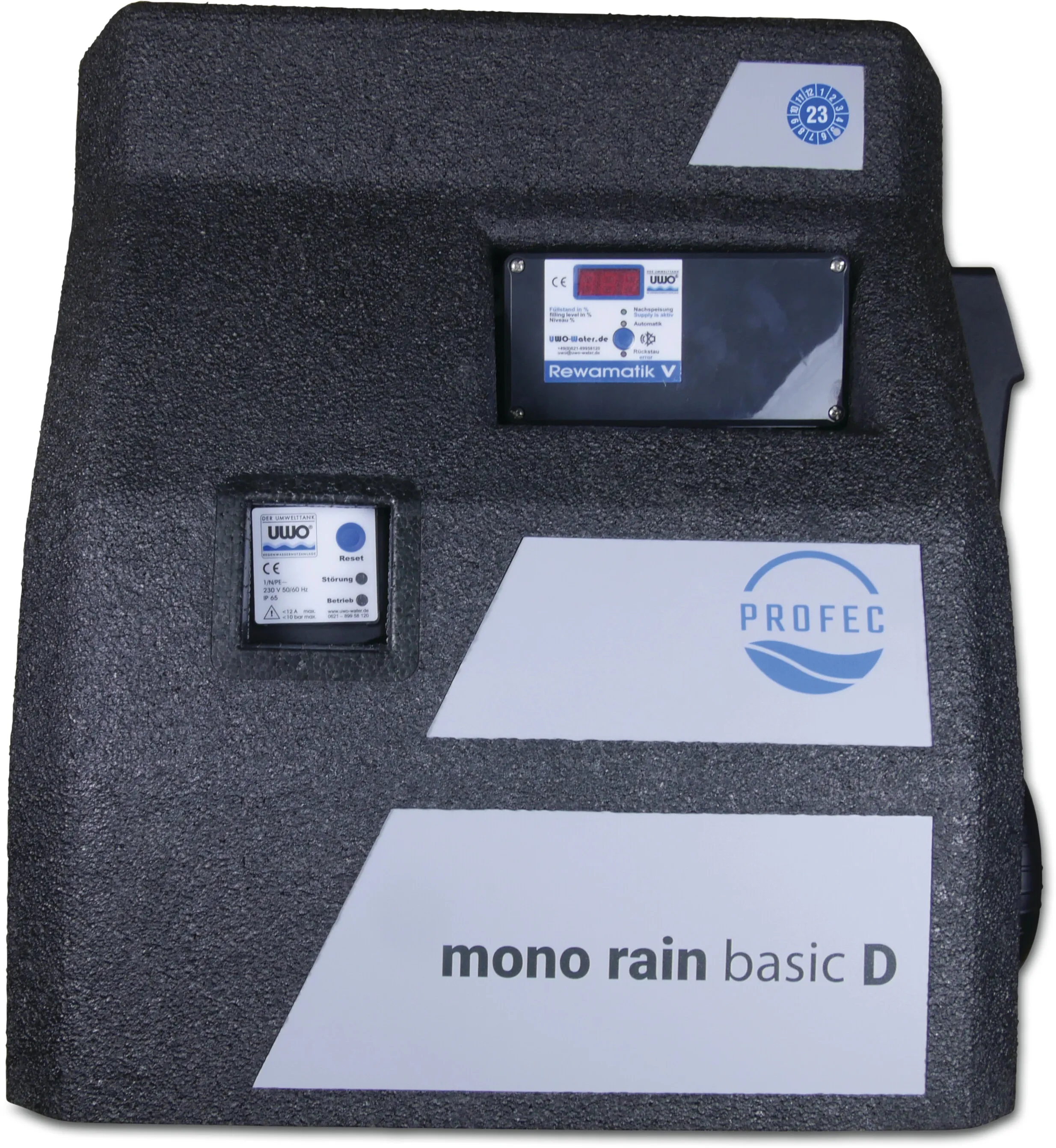 Profec Regenwasser Versorgungsmanager 4bar Schwarz DVGW Typ Mono rain basic D inkl. selbstansaugender Pumpe, Druckschalter und Füllstandsanzeige
