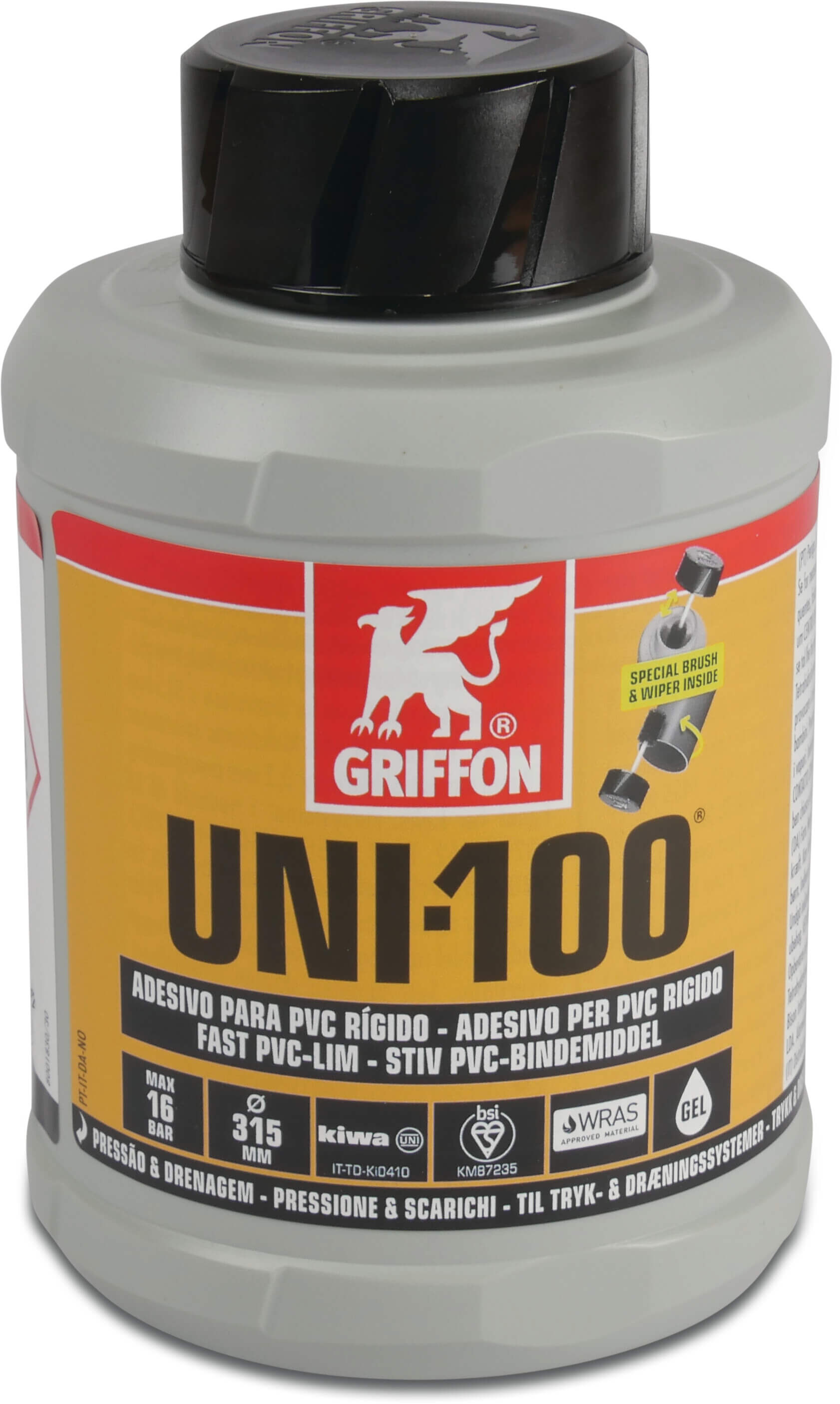 Griffon Colle pour PVC transparent 1ltr avec brosse KIWA type Uni-100 étiquette NL/FR