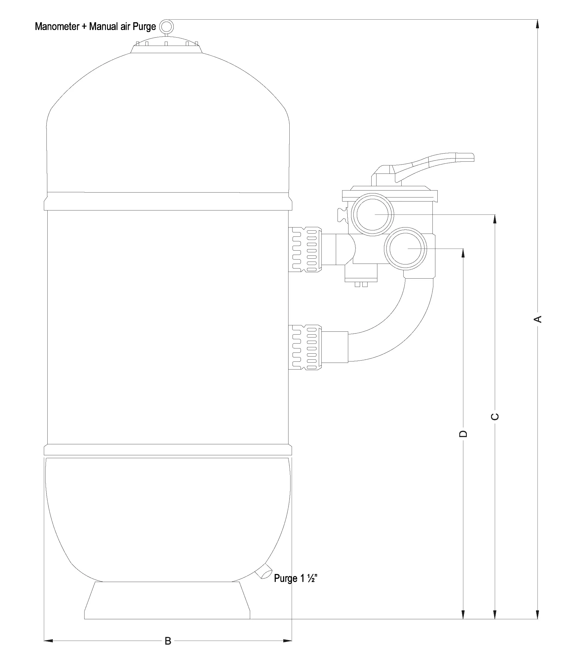 Hochschicht Filter Polyester Gel-beschichtet 1 1/2" Außengewinde 2,5bar Weiß Typ mit 6-Wegeventil ø650mm