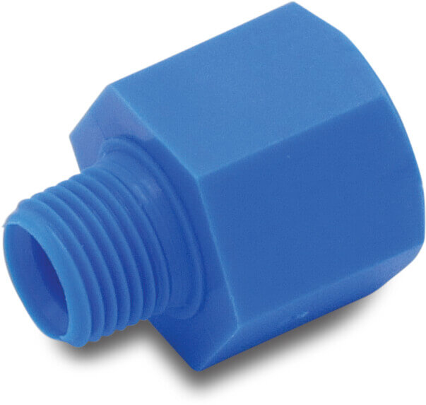 Tefen Nippelmuffe PA glasfiberforstærket 1/4" x 1/8" indvendig gevind x udvendig gevind 14bar blå