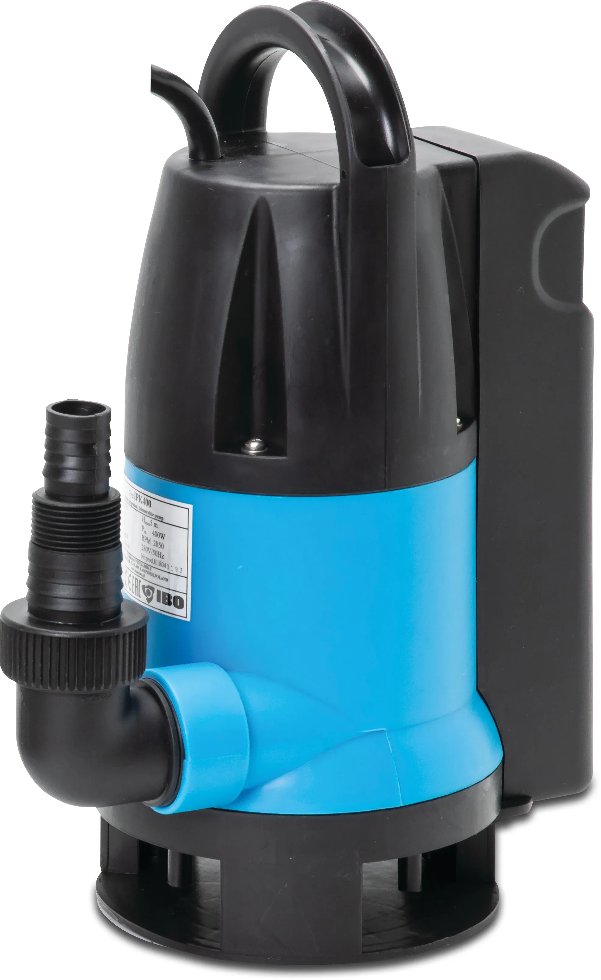 Dompelpomp kunststof 1" x 1 1/2" x 1" slangtule x buitendraad x slangtule 3A 230VAC blauw type IPK 400