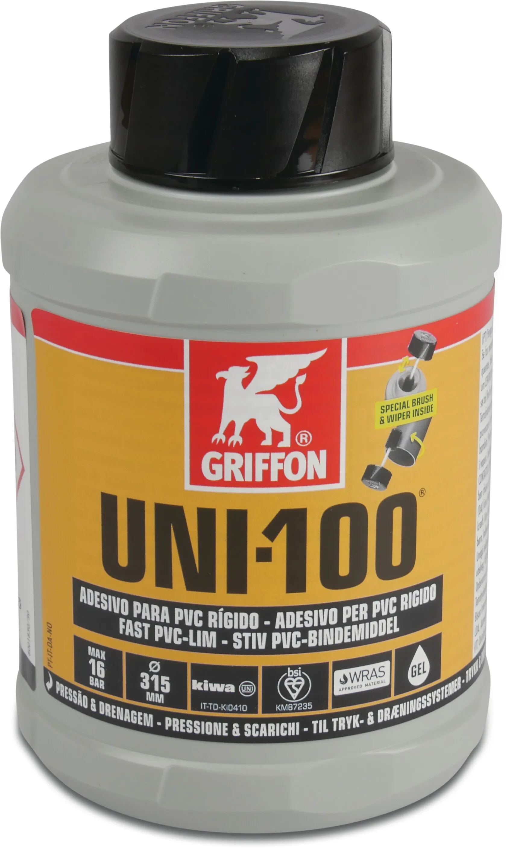 Griffon PVC glue transparent 1ltr with brush KIWA type Uni-100 label ES/PT/IT/DK/SV/NO/FI