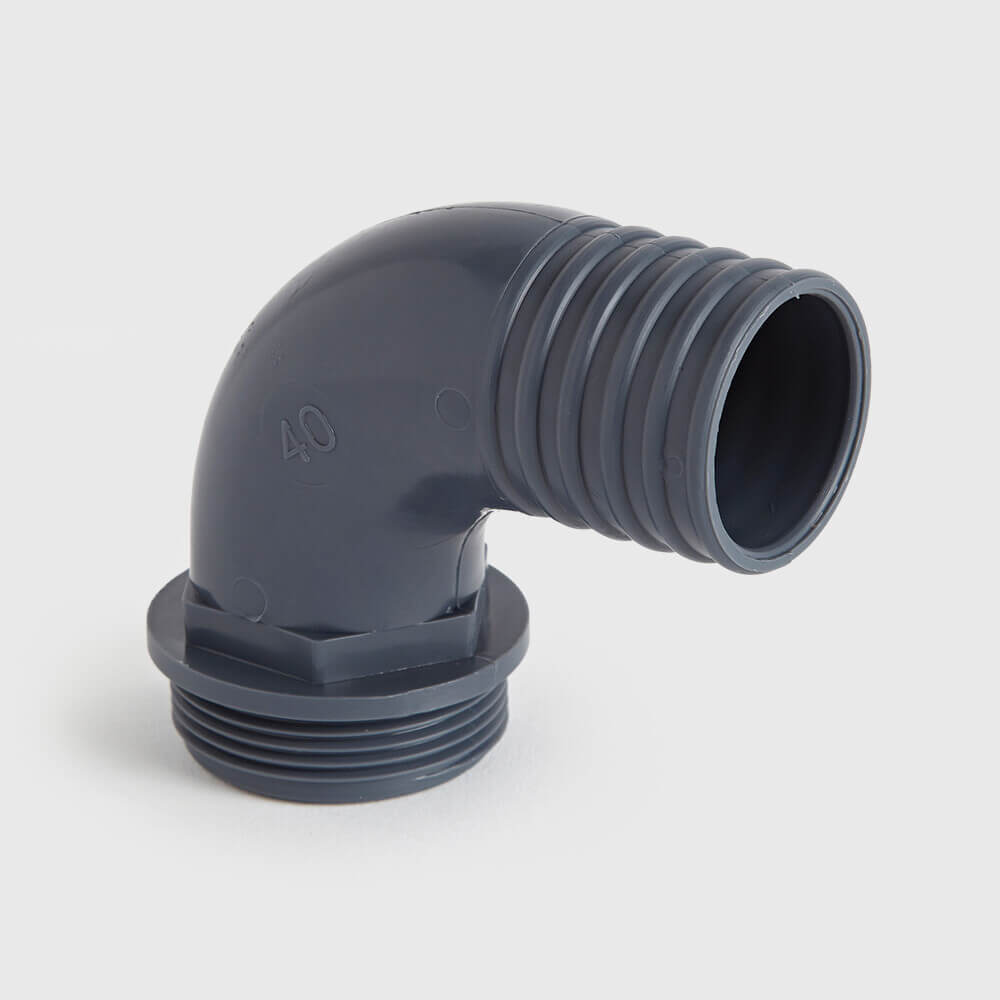 Hose tail elbow 90° PP 1 1/2" x 40 mm male thread x hose tail 6bar grey