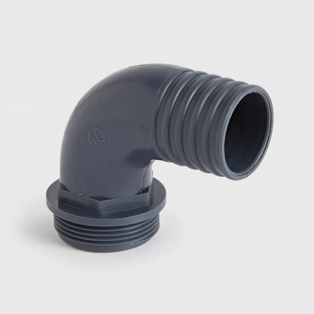 Hose tail elbow 90° PP 1 1/4" x 32 mm male thread x hose tail 6bar grey
