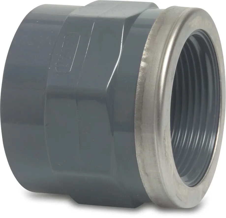 Profec Adaptor socket PVC-U 20 mm x 1/2" glue socket x female thread 16bar grey with stainless steel ring type reinforced