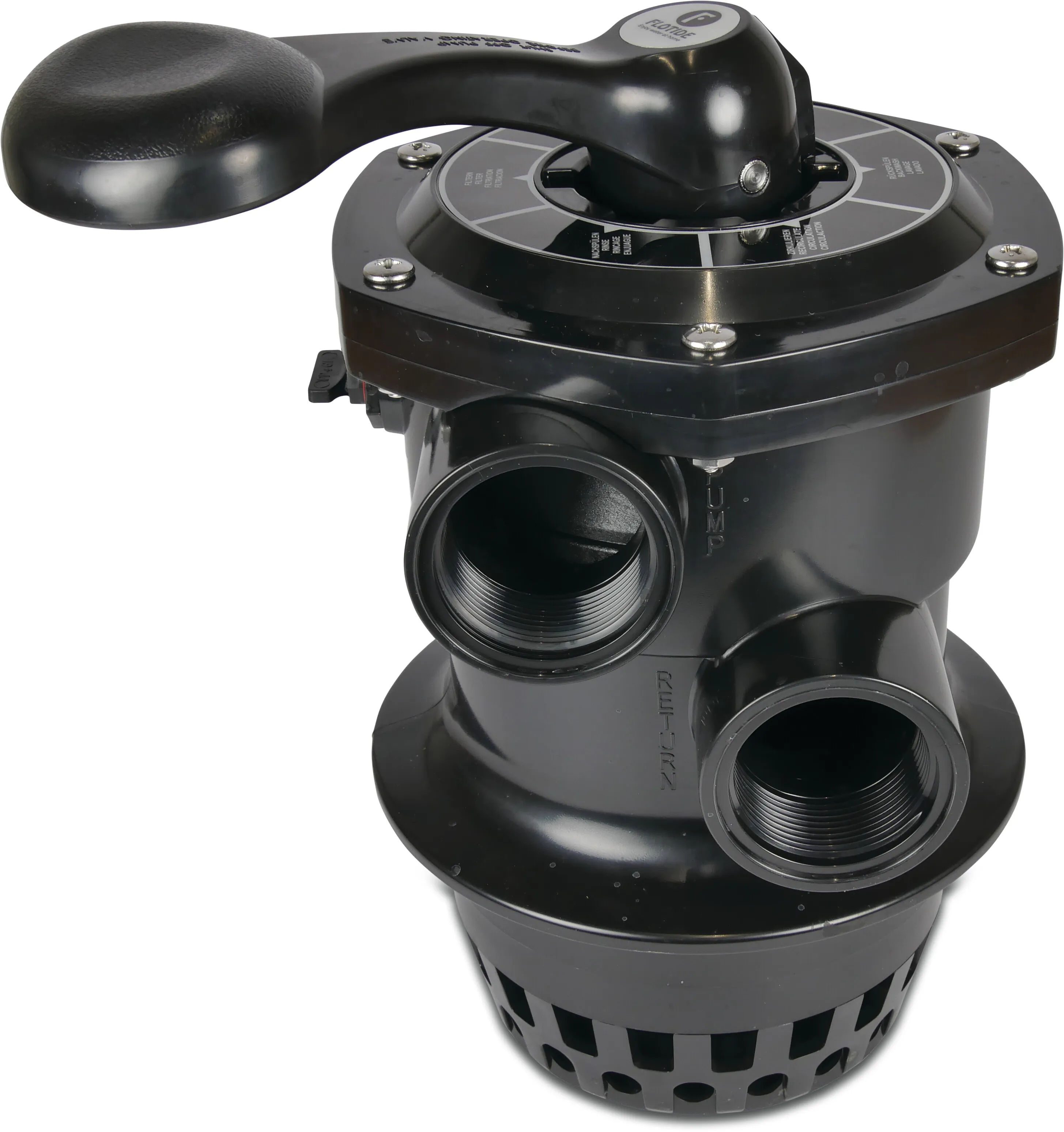 Flotide Multiport valve 1 1/2" female thread 4bar black type Mega 4-way clamp valve